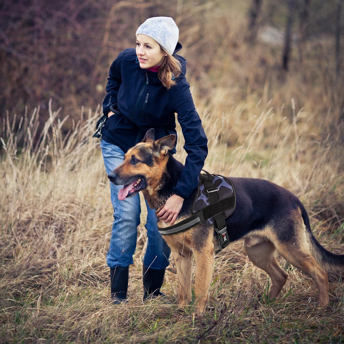 Dogline Dog Harness, Reflective No-Pull Adjustable Vest with Handle for Walking, Training, Breathable, No - Choke Harness for Small, Medium or Large Dogs Room for Patches Girraffe Grey L 27"-34"