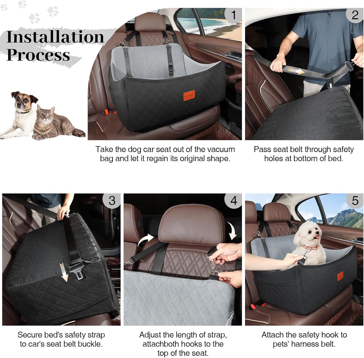 Dog Car Seat for Medium & Large Dogs Up to 55lbs, Memory Foam Cushion, Washable Cover, Safety Straps & Non-Slip Base(Black/Grey,Large)