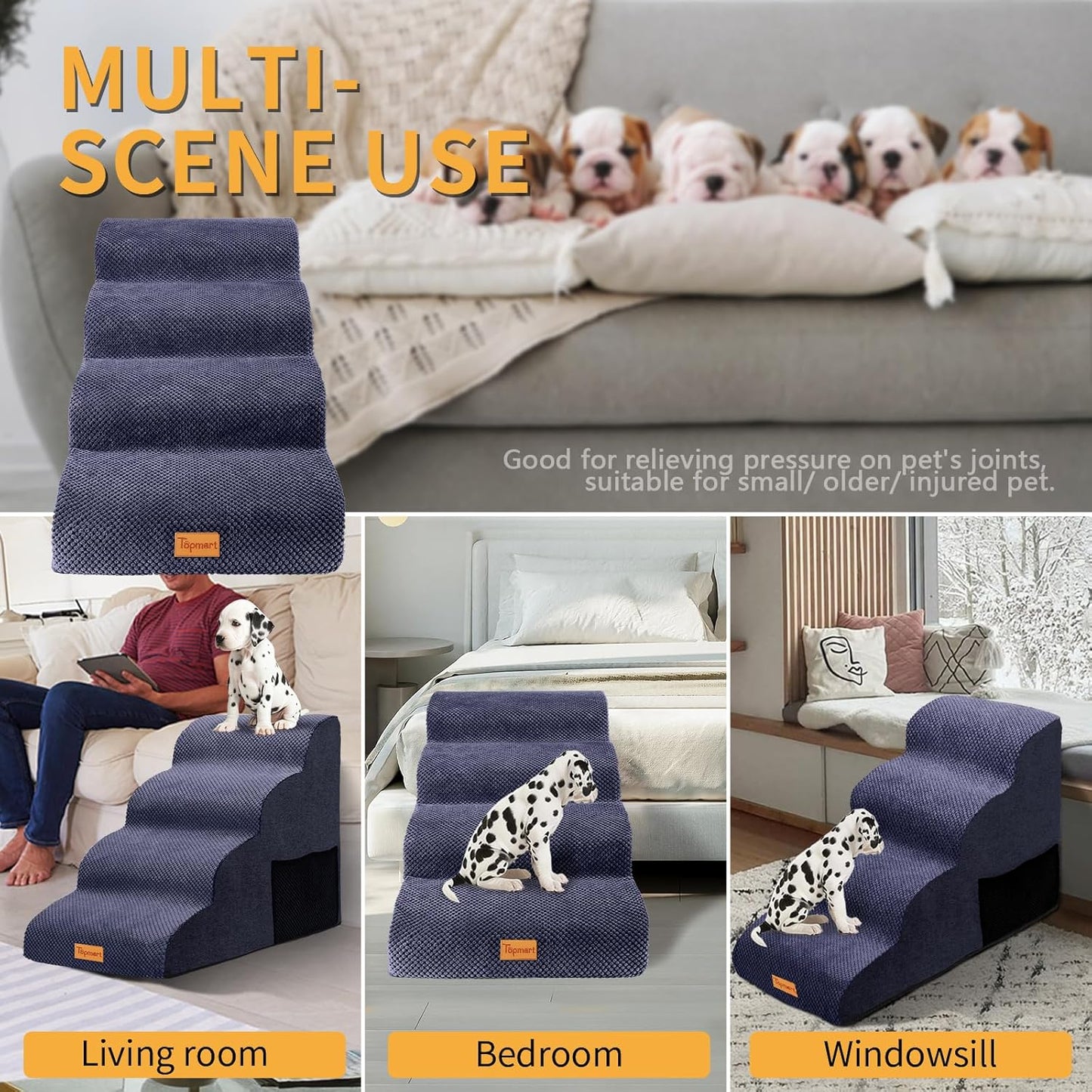 Topmart High Density Foam Dog Steps 4 Tiers,Extra Wide Deep Pet Steps,Non-Slip Dog Stairs Ramp for Bed,Soft Foam Cat Ladder,Best for Older Injured,Older Pets,Cats with Joint Pain