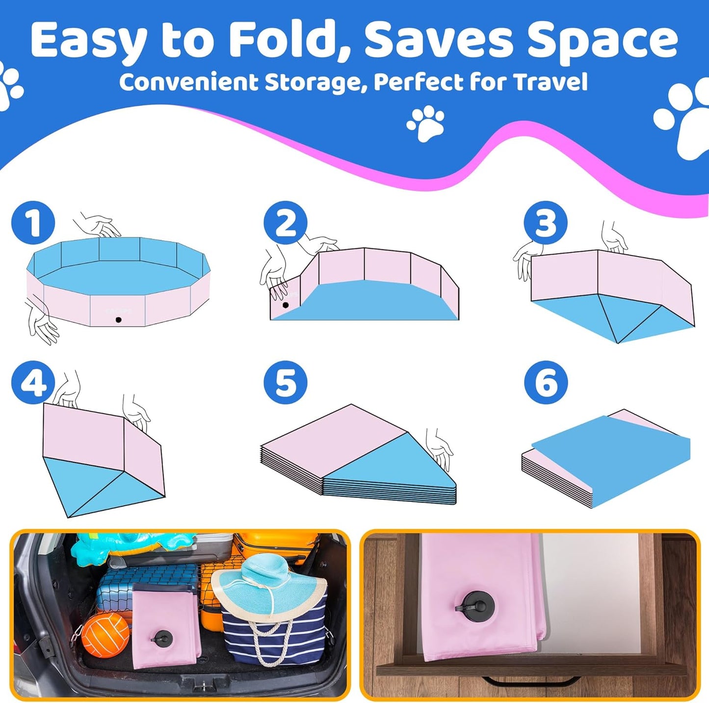 2025 Updated Foldable Dog Pool, 39.5" x 12" Kiddie Pool with Hard Plastic, Non-Slip Dog Bath Tub for Outdoor Backyard, Collapsible Dog Swimming Pool for Kids Dogs Pets (Pink)