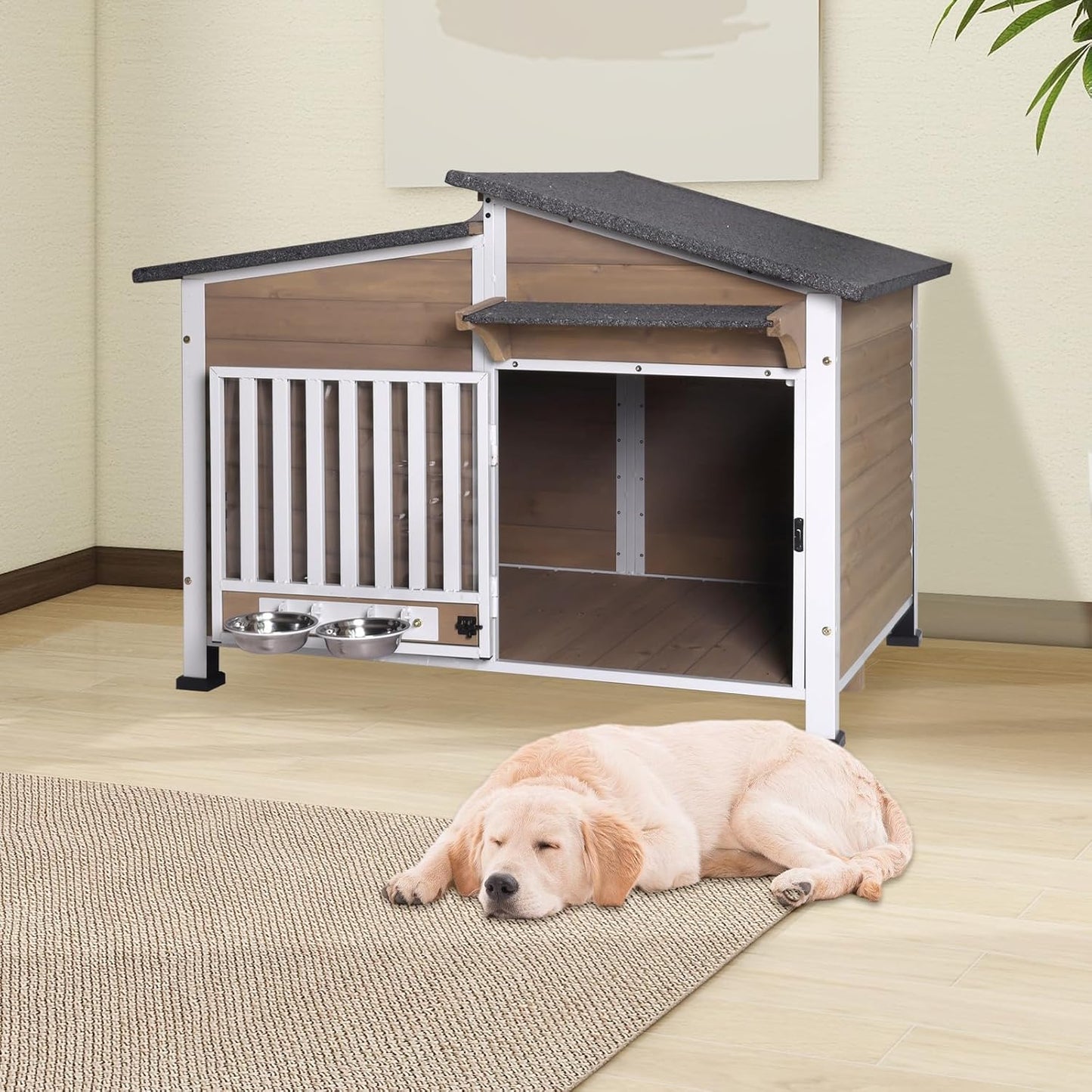 Chew-Resistant Dog House with Metal Frame, Wooden Kennel for Indoor & Outdoor Use, Waterproof Roof & Feeding Bowls Included (Brown, L)