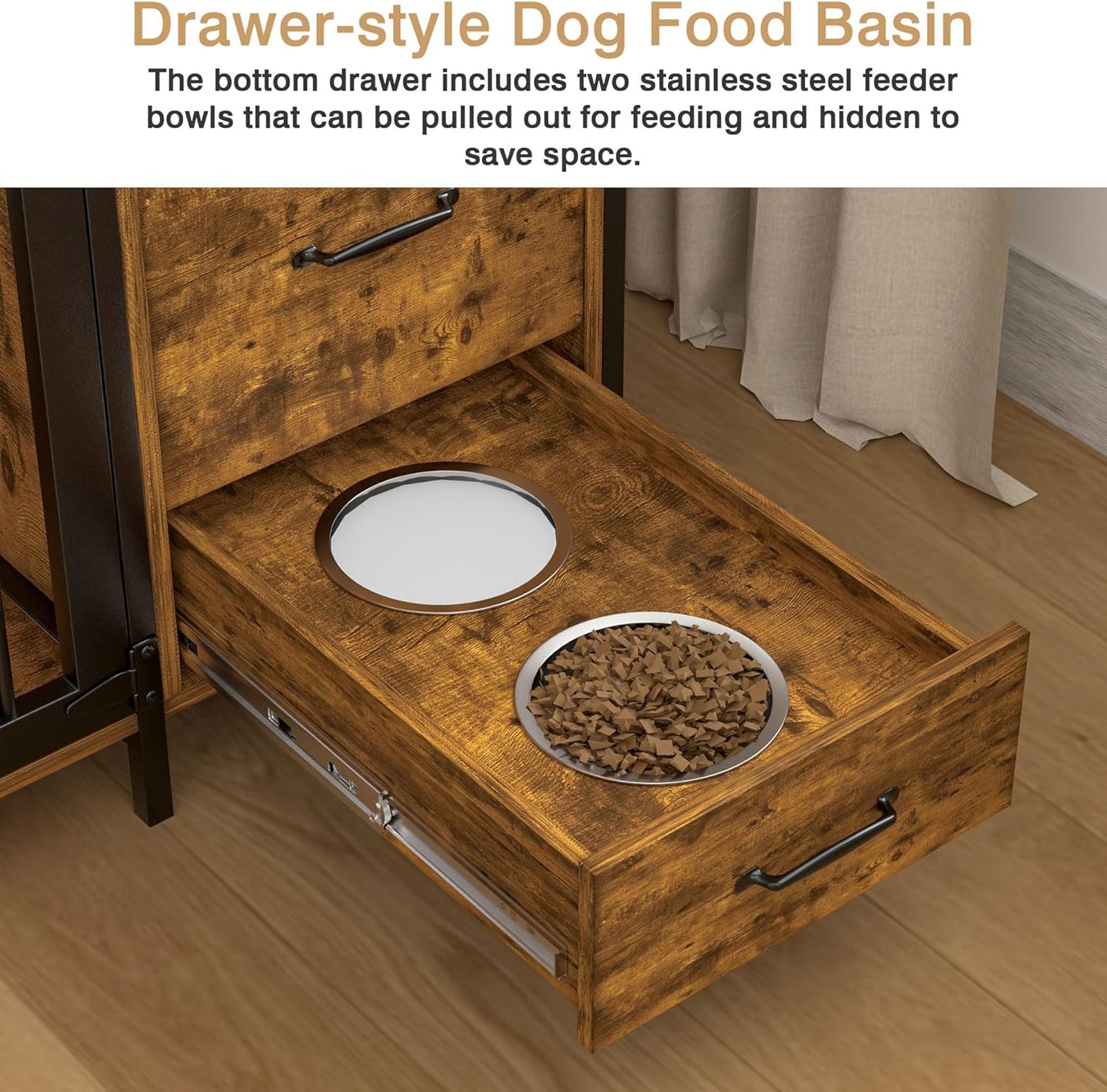 VECELO Dog Crate Furniture, 43 inch Wood Dog Crate End Table with Storage Drawers, Heavy Duty Dog Kennel Furniture Indoor, Rustic Brwon