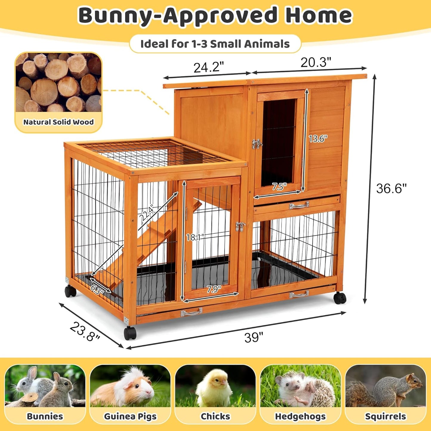 Indoor Rabbit Hutch Outdoor Bunny Hutch with Wheels, 2 Pull-Out Trays, Waterproof Openable Roof, 39" L Large 2-Level Wooden Rabbit Cage Small Animal Enclosure, Orange