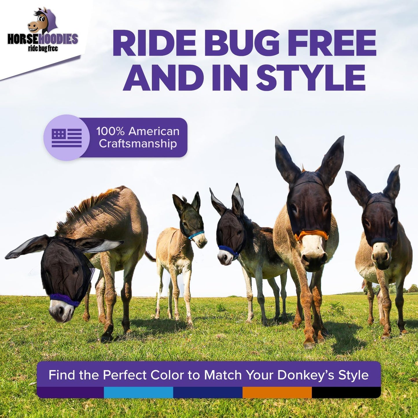 Donkey Fly Mask with Long Ears (Blue) Made in USA - Mule Fly Mask with Ears Protection from Insects and Bugs, Mini Donkey Soft Mesh Fabric with Adjustable Fastener, Face Cover Supplies for Donkeys