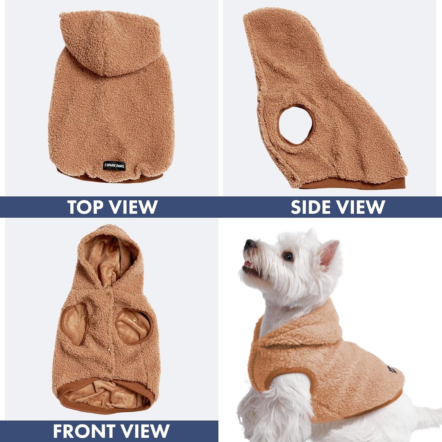Spark Paws Teddy Dog Sweater, Sherpa Jacket Vest with Warm Fleece Lining, Winter Coat Suitable for Small Medium Large XL XXL Breeds - Brown - M