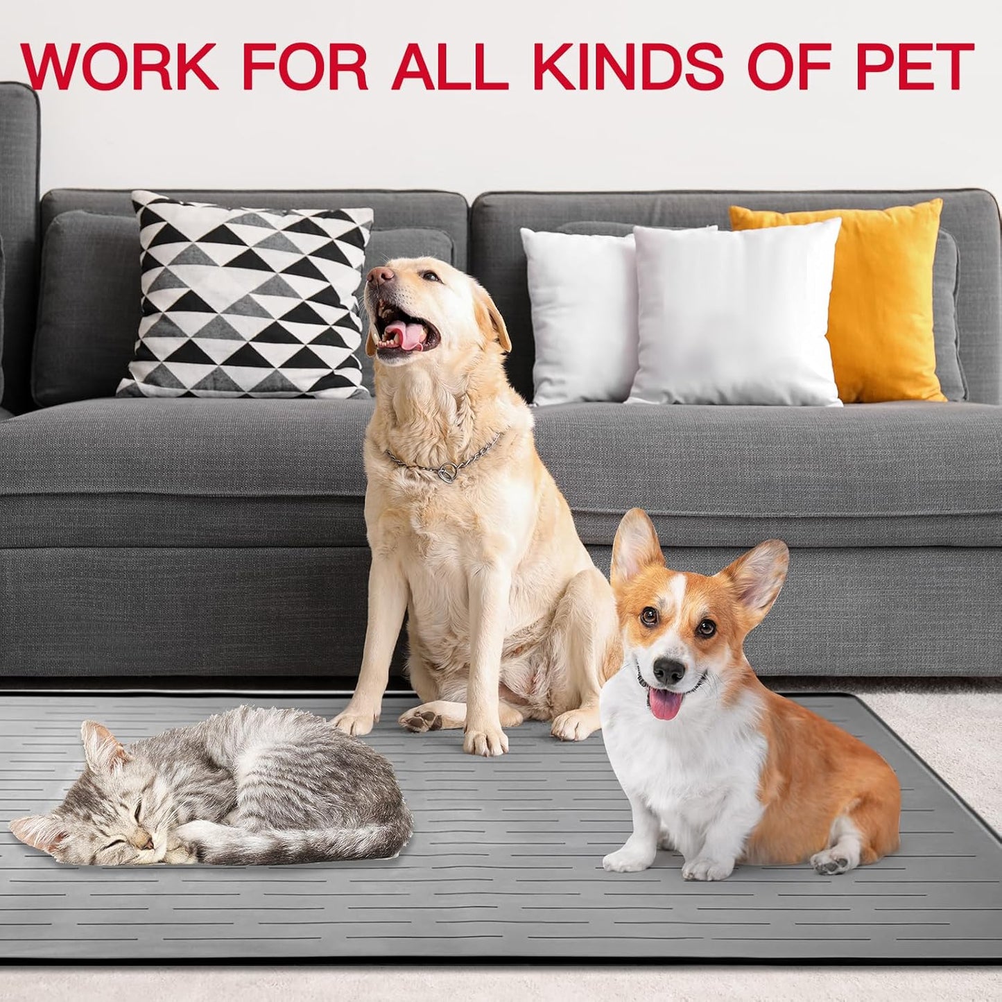 32" x 24" Large Pet Food Mat, Silicone Dog Mats for Food and Water, Nonslip Pet Feeding Mats for Floors,Dog Cat Bowl Mat with Raised Edges, Gray White