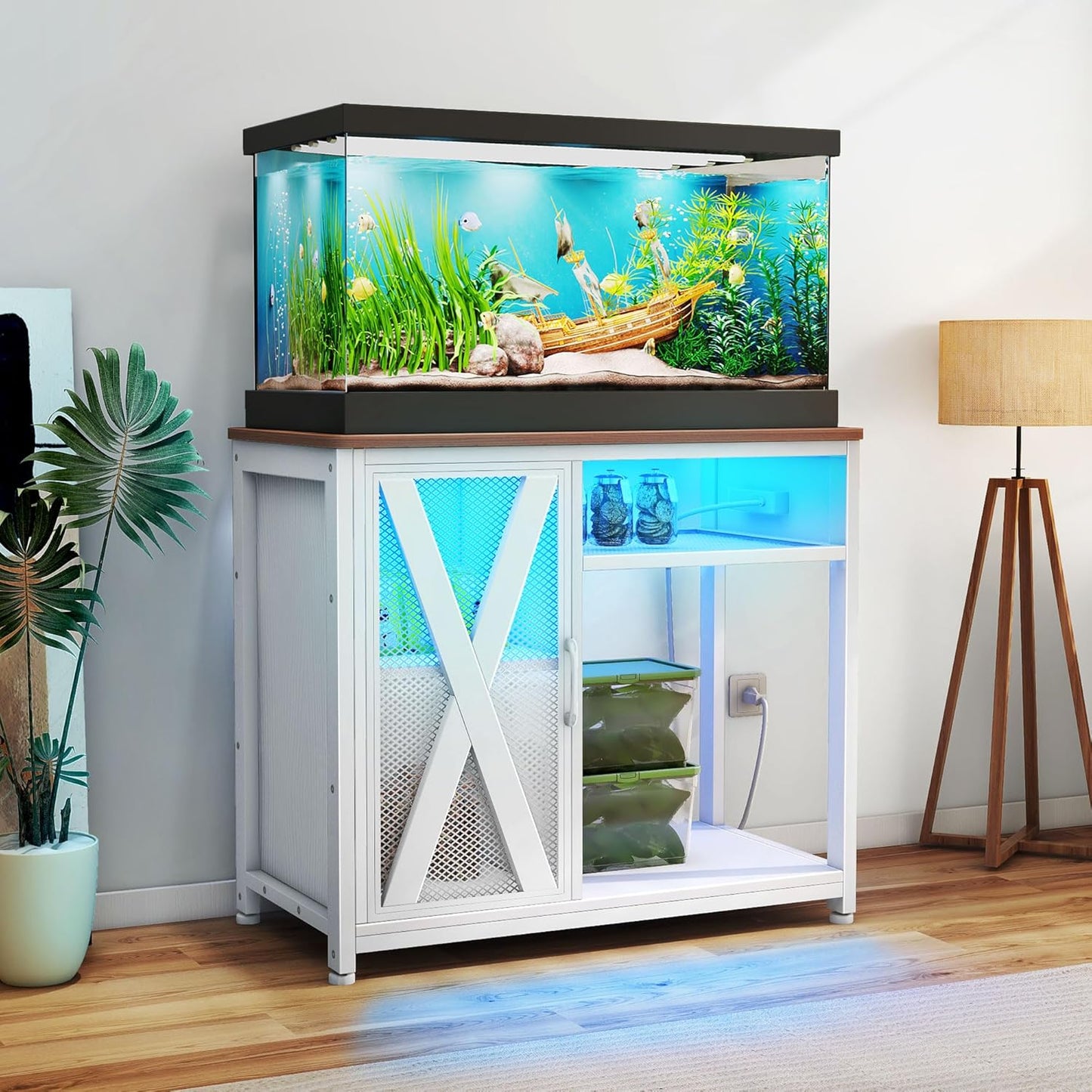 DWVO 40-50 Gallon Aquarium Stand with Power Outlets & LED Light, Cabinet for Fish Tank Accessories Storage - Metal Fish Tank Stand Suitable for Turtle Tank, Reptile Terrarium, 660LBS Capacity, White