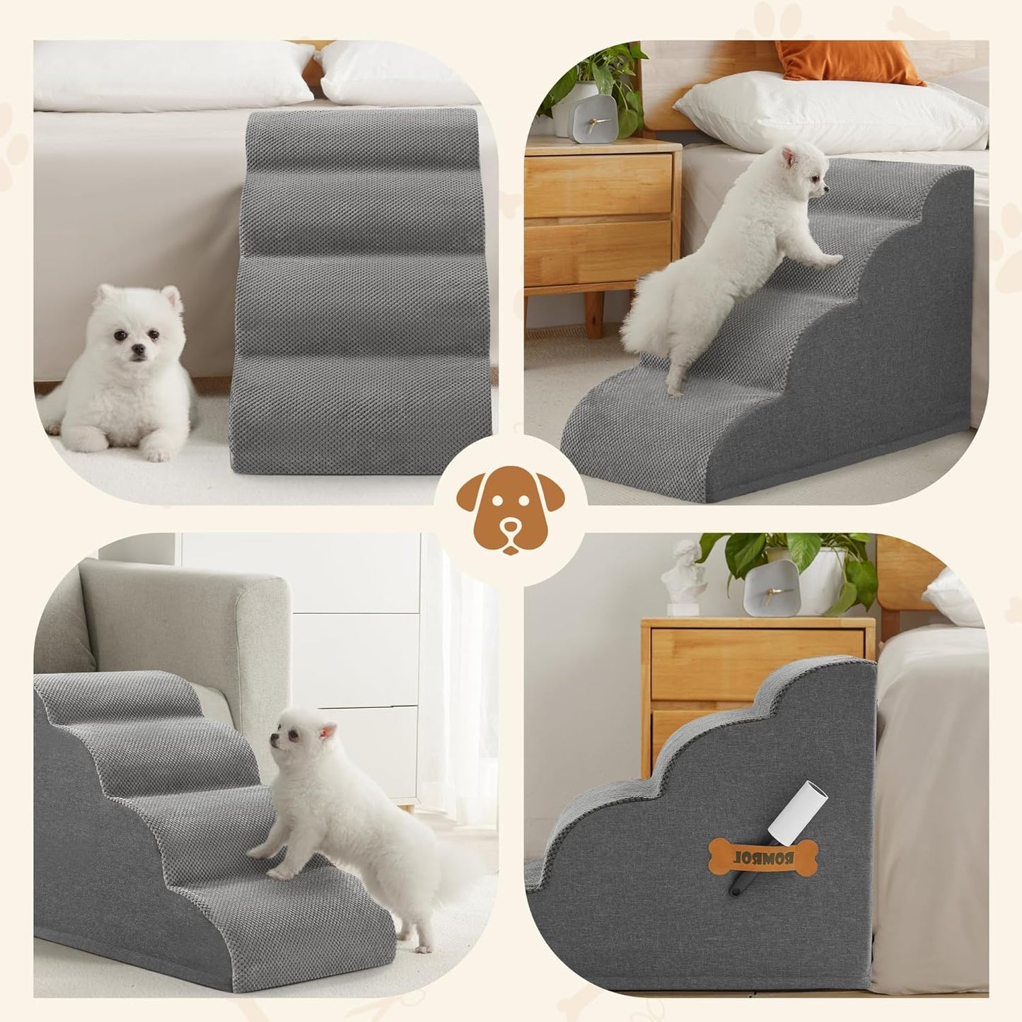 Dog Stairs, Romrol Dog Steps Ramp for High Bed and Couch, Dogs Ramp with Durable Non-Slip Waterproof Fabric Cover, Pet Stairs for Small Dogs and Cats or Pets Joints, 4-Tiers,Grey