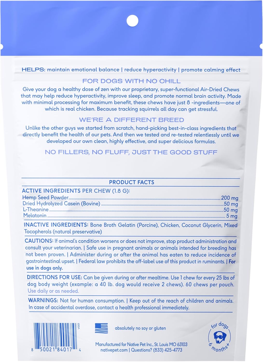Native Pet Calming Chews for Dogs - Melatonin for Dogs Anxiety Relief - Grain Free All Natural Hemp Calming Treats & L-Theanine Helps Manage Stress & Separation Anxiety - Puppy Sleep Aid - 60 Chews