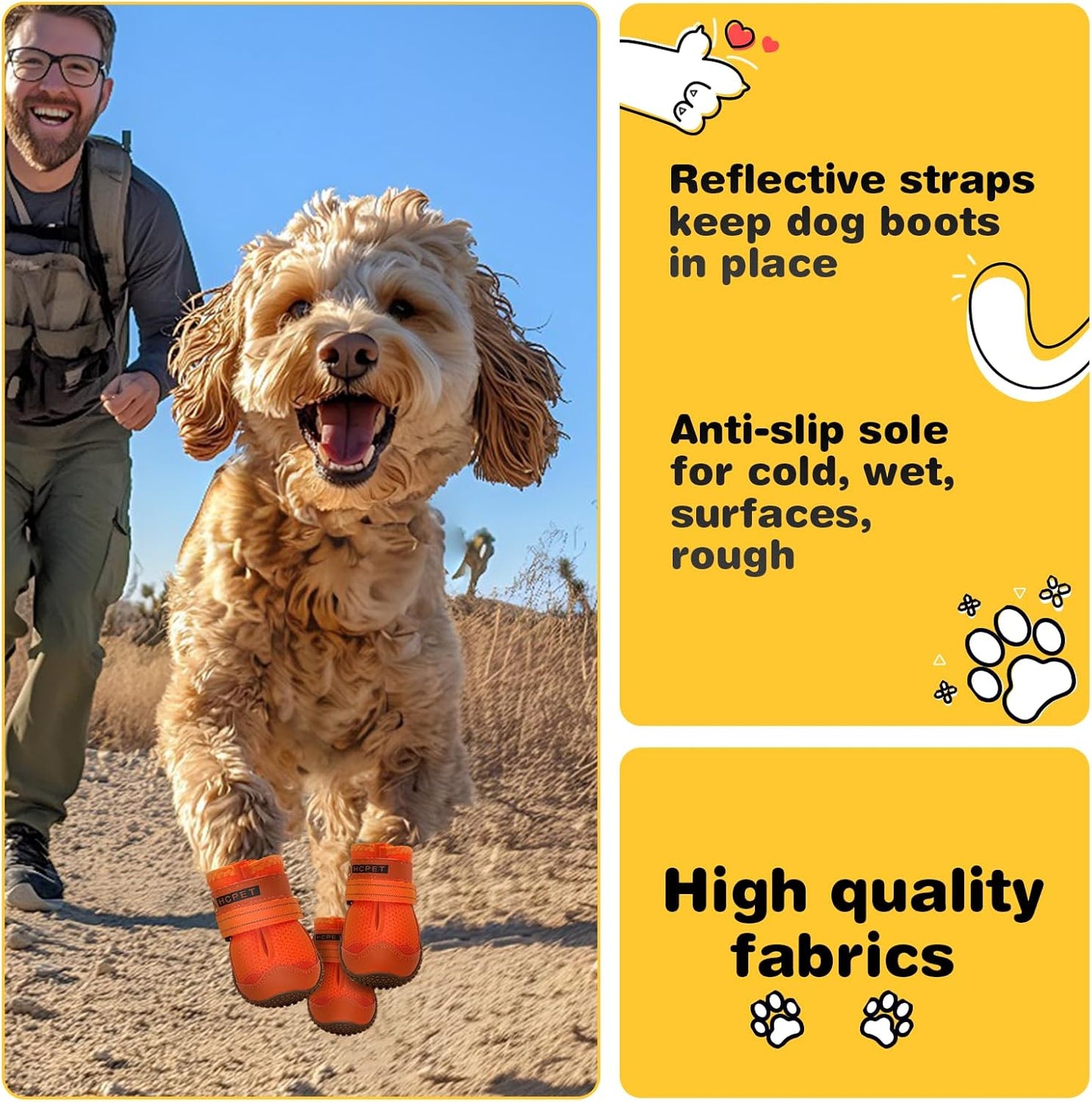 Hcpet Dog Shoes for Large Dogs, Breathable Dog Booties for Small Medium Dogs, Anti-Slip Dog Boots & Paw Protectors for Hot Pavement Winter Snow Hiking with Reflective Straps Orange Size 4