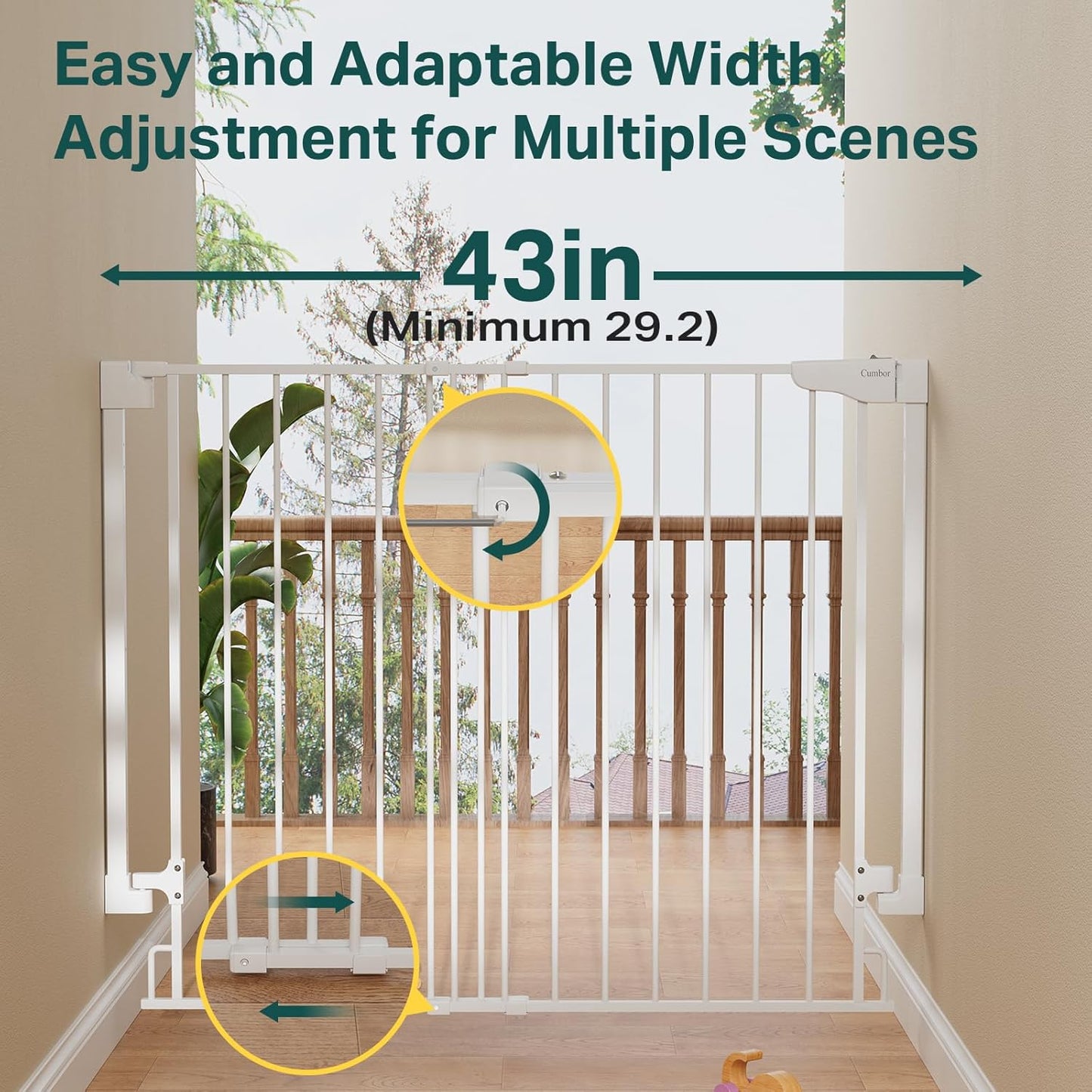 Cumbor 34" Extra Tall No Bottom Bar Baby Gate for Stairs, Auto Close Dog Gate Indoor for Larger Pets, 29.2-43" Hardware Mounted Safety Gate for Doorways, Wide Walk Thru Door for Easy Access (White)