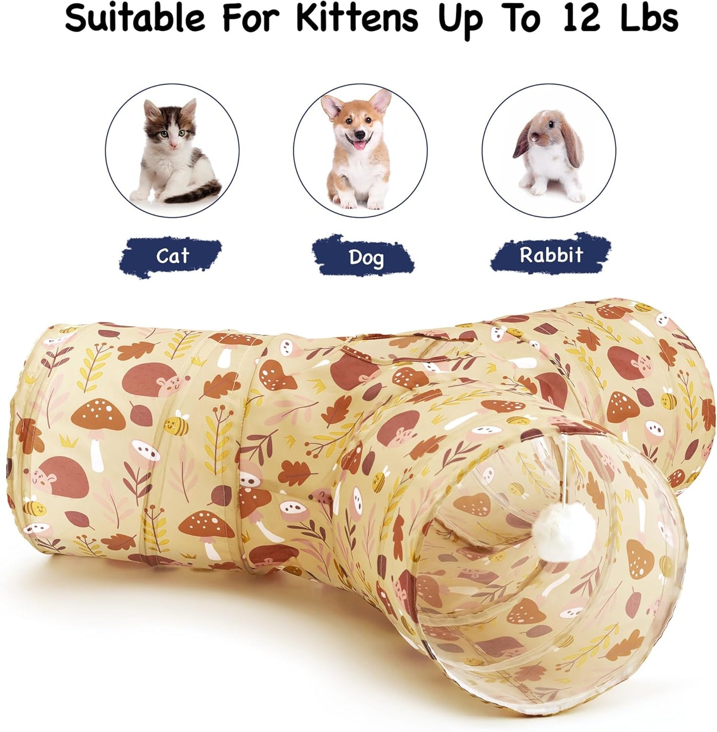 Tempcore Pet Cat Tunnel Tube Cat Toys 3 Way Collapsible, Cat Tunnels for Indoor Cats,Kitty Tunnel Bored Pet Toys Peek Hole Toy Ball Puppy, Kitty, Kitten, Rabbit Khaki Hedgehog