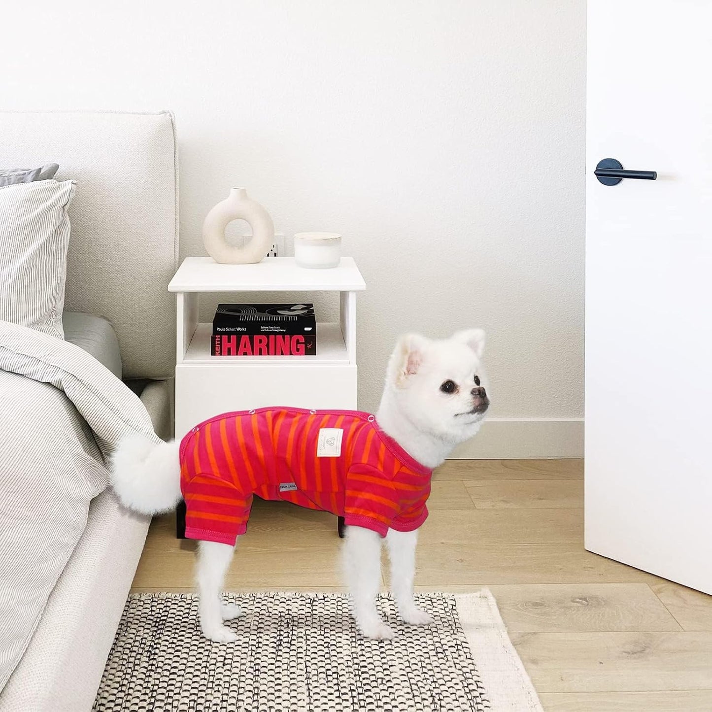 TONY HOBY Female/Male Dog Pajamas, Dog Jumpsuit 4 Legged Pajamas with Stripes, Soft Cotton for Comfortable Sleep (Rose Red&Orange, Boy, XS)