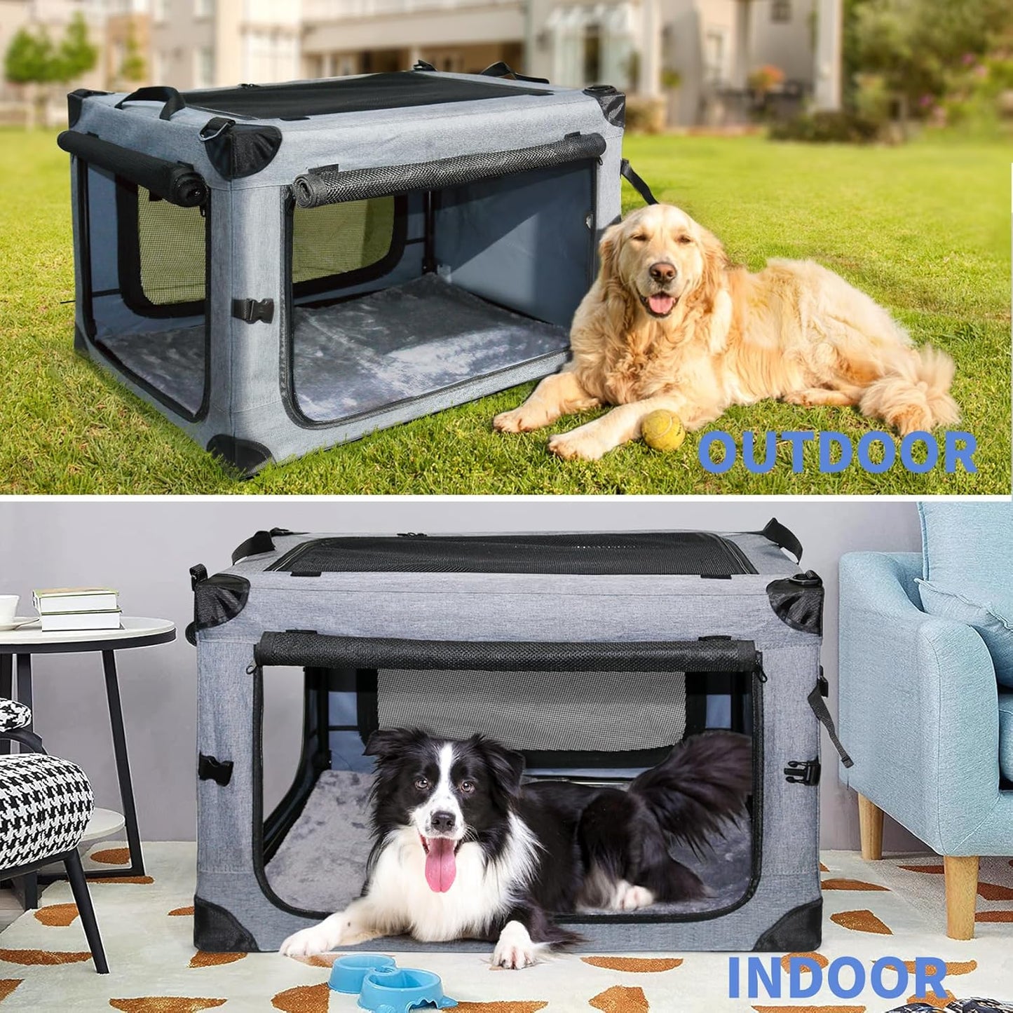 NEZUC Soft Collapsible Dog Crate - 36 Inch Portable Soft Sided Travel Dog Crates for Large Dogs, 4-Door Foldable Dog Carrier, Pet Kennel Indoor & Outdoor (Gray, 36.0" L x 22.0" W x 22.0" H)
