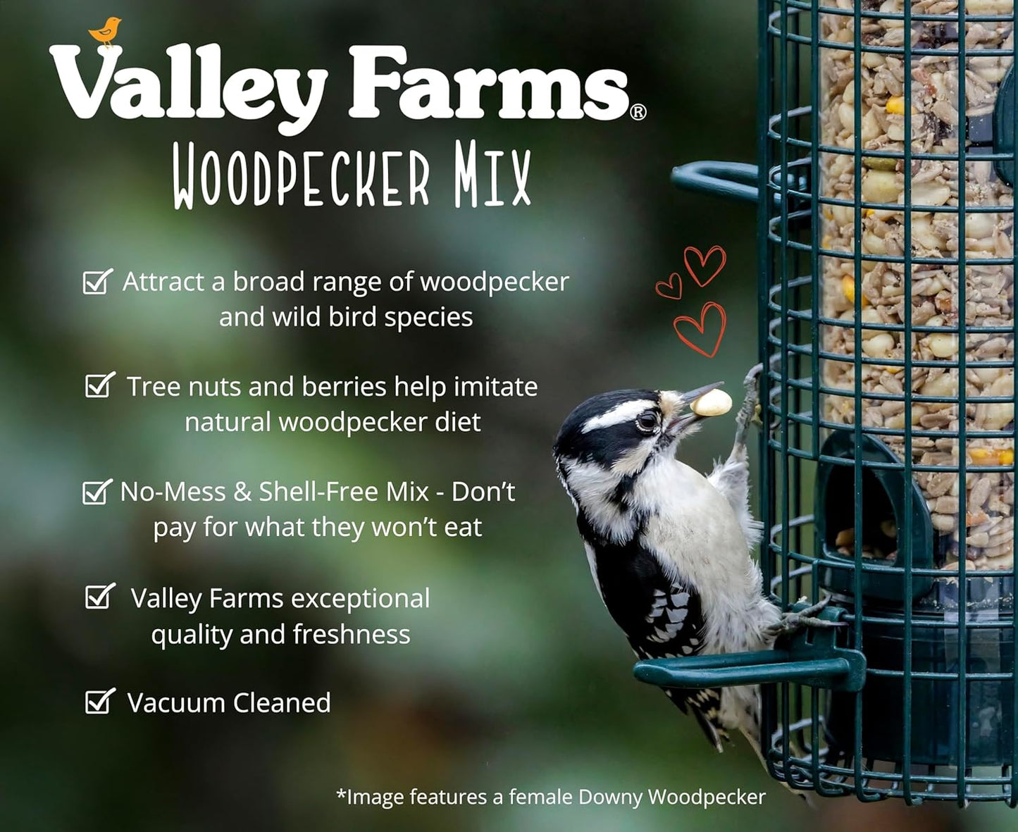 Valley Farms Woodpecker Mix (15 LB) Wild Bird Food for Outdoor Feeders, No Mess Bird Seed, W/Peanuts and Sunflower Hearts for Birds, Woodpecker Food, Attract All Bird Species