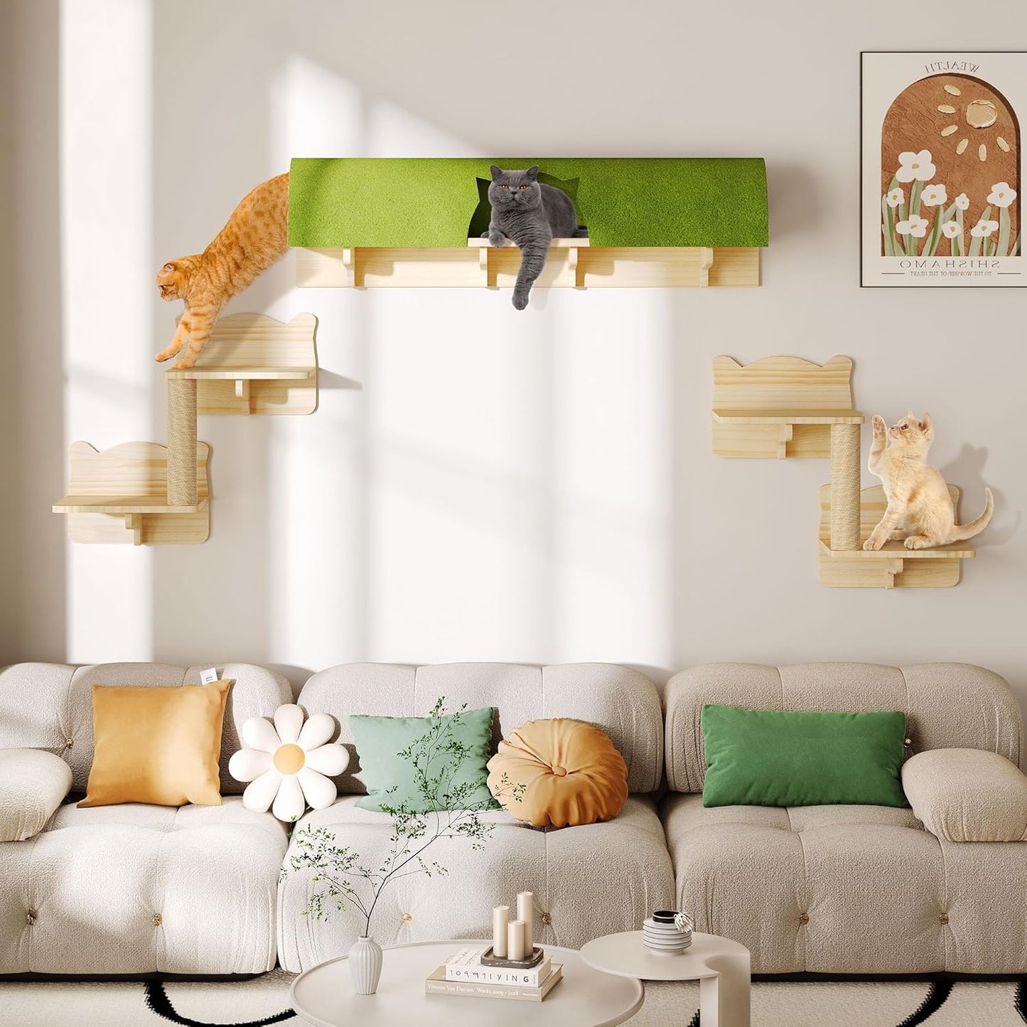 Cat Wall Shelves and Perches, Solid Wood Wall Cat Furniture, Set of 7 Feline Climbing Shelves with Bed, Steps, Scratching Post and Tunnel