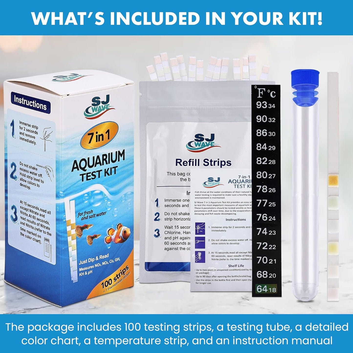 7 in 1 - Aquarium Test Strips | 100 Fast & Accurate Strips | Fish Tank Aquariums Water Test Kit & ebook | Aquarium Thermometer | Fish Tank Water Testing Kit for Fresh & Saltwater | Versatile Usage