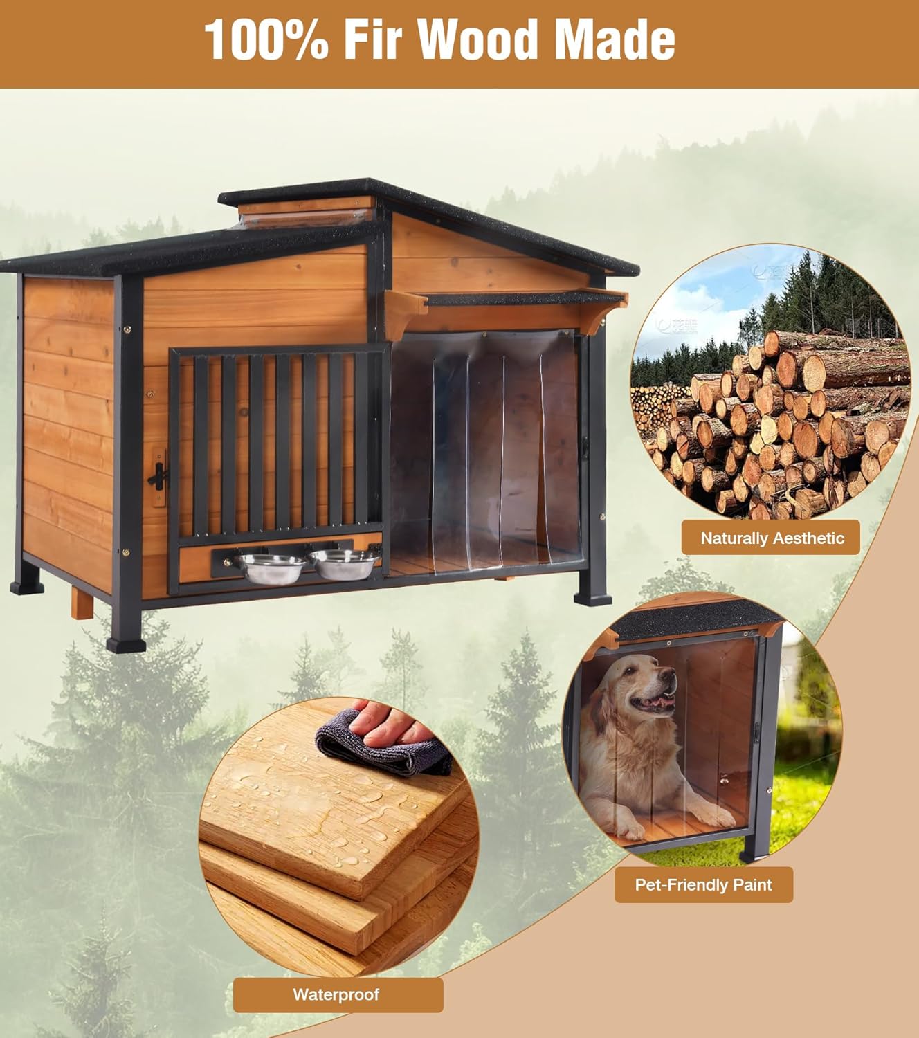 GUTINNEEN Dog House Outdoor with Anti-Chewing Metal Frame, Wooden Dog Kennel with 360Β° Rotating Feeding Bowl, Weatherproof Roof, for Indoor & Outdoor Use - Natural Wood Color