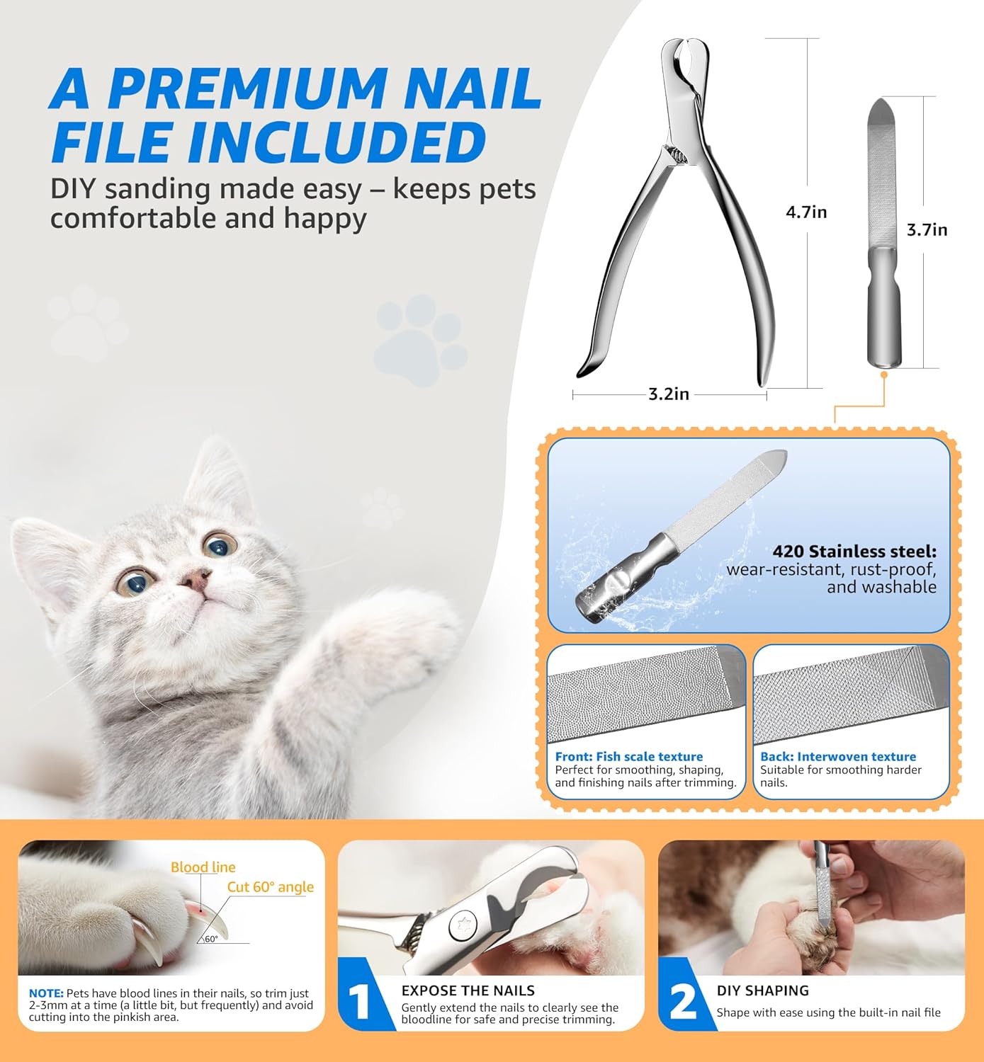 Pet Nail Clippers for Cats & Small Medium Dogs Puppies, Cat Nail Trimmer with All-Steel Material, Extra-Sharp Durable Blades, Ergonomic Handle, Professional Grooming Tool with Free Nail File