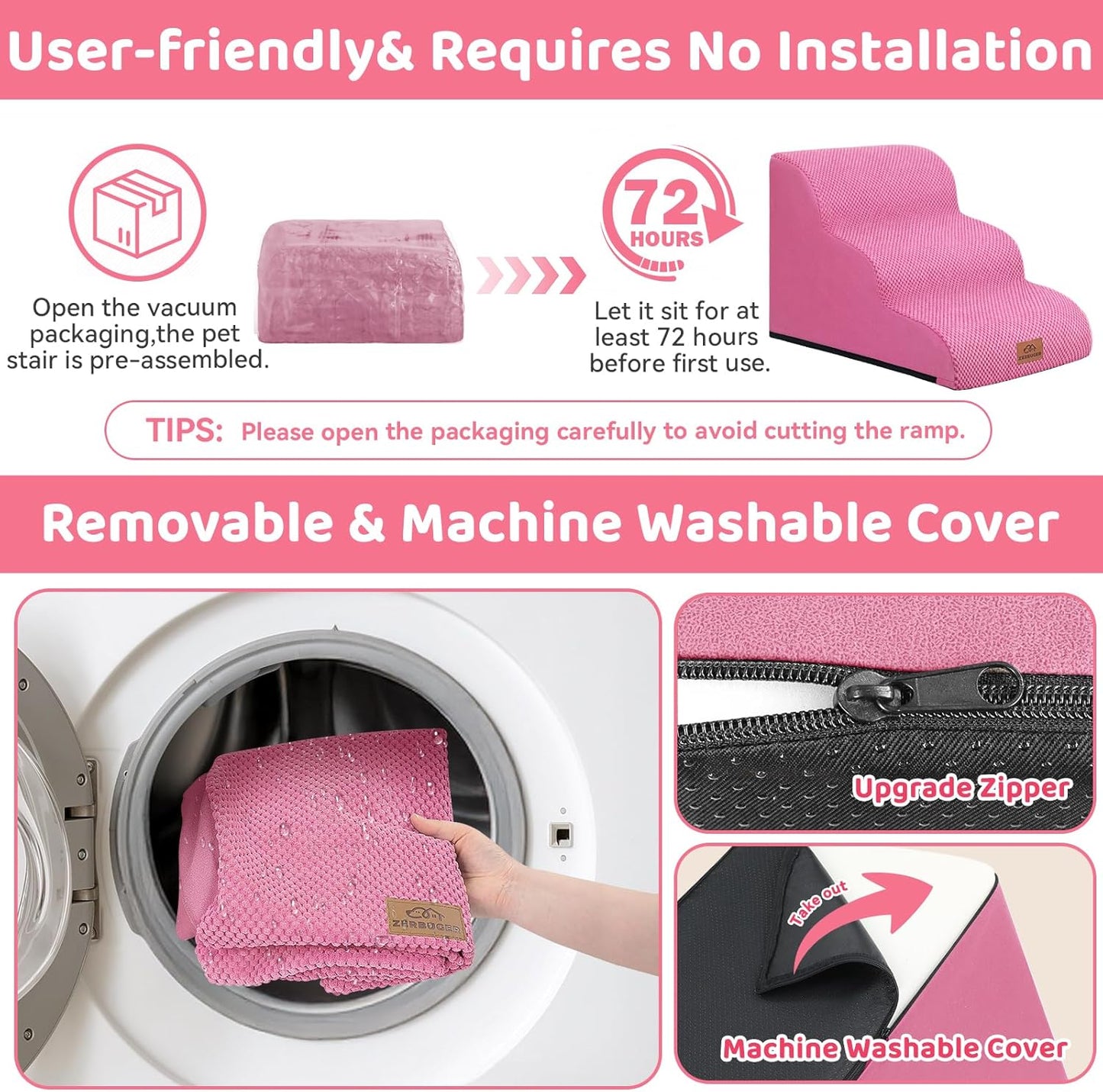 Dog Ramp and Stair for Bed 16" H-20 H,3-Step Cat Stair for Sofa and Chair,4-Step Dog Ramp for High Bed and Window,Durable Nonslip Fabric Cover for Indoor (Pink-16 H, Pet Friendly, 3)