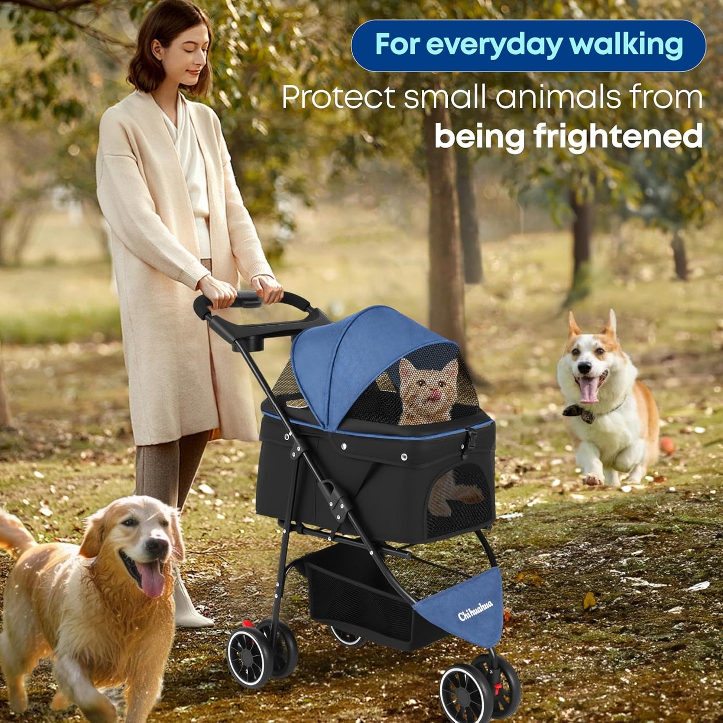 Pet Stroller,Dog Stroller for Small Medium Dogs Cats,3 Wheels,Foldable,with Breathable Mesh Canopy,Cup Holders,Easy Assembly,Blue+Black