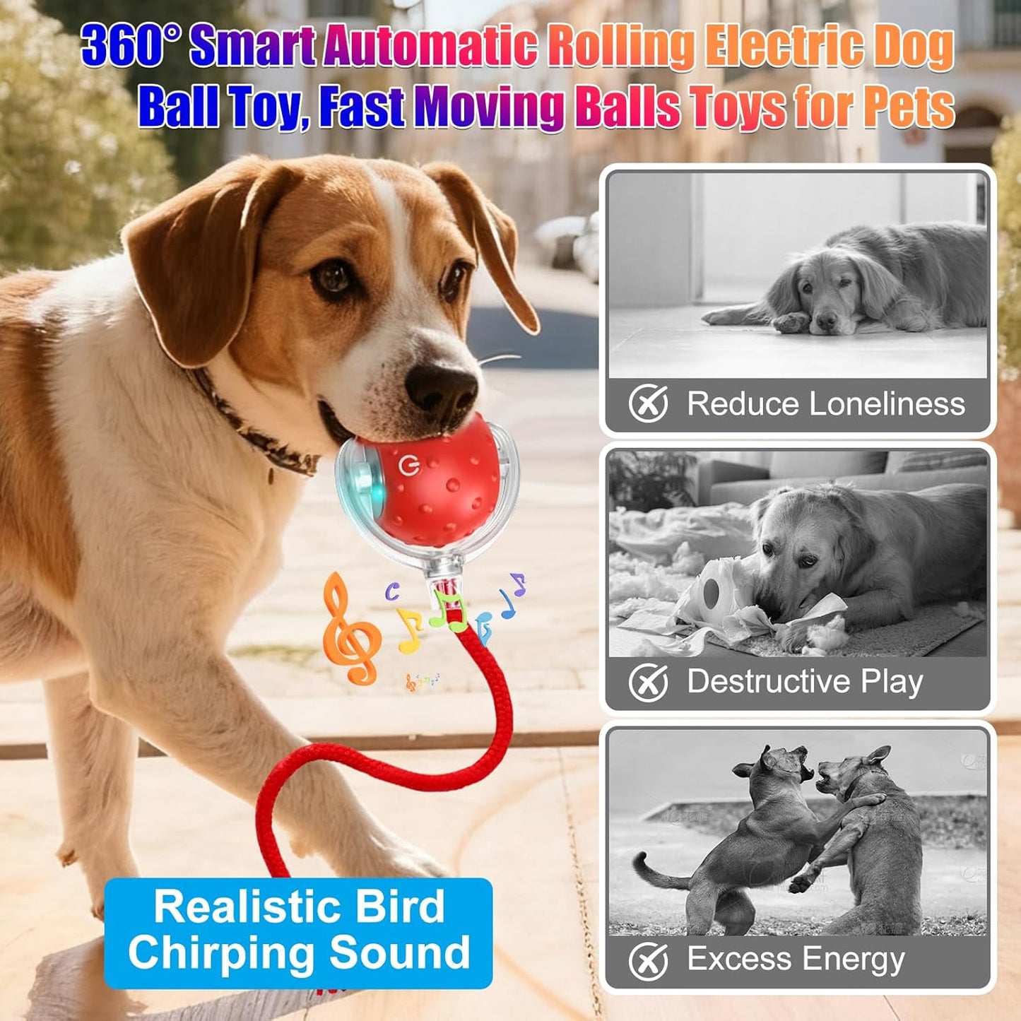 2pcs Tiny Fetch Dog Toy, Tinyfetch Interactive Dog Cat Toys Balls with Birdsong, 360° Smart Automatic Rolling Dog Ball Toy with Rope for Pets Indoor & Outdoor Play (Blue+Red)