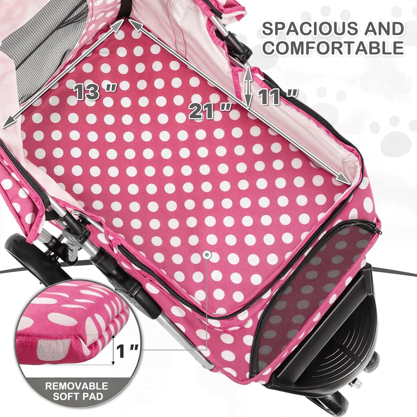 MoNiBloom 3 Wheels Pet Dog Cat Stroller for Small Medium Dogs Cats, Foldable Jogger Stroller w/Storage Basket and Cup Holder, Hot Pink Polka Dots