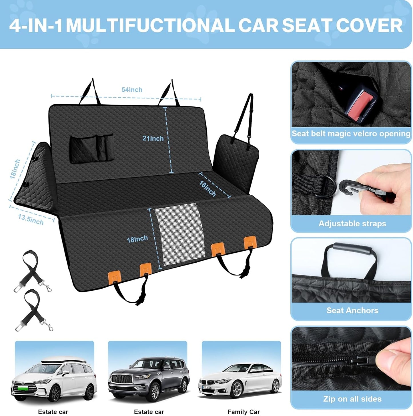 Dog Car Seat Cover for Back Seat, Waterproof Protector with Side Flaps, Scratchproof Hammock, Non-Slip Bottom for Cars/Trucks/SUVs (Black)