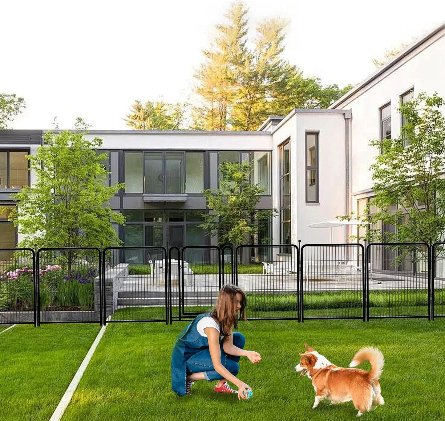 Dog Playpen 32 inch 16 Panels, Puppy Playpen Indoors, Dog Fence Outdoor for Yard, Wide Door Low Threshold Garden Fence for Medium/Large Pets. Black Dog Pens Total 35.4 Ft(L)