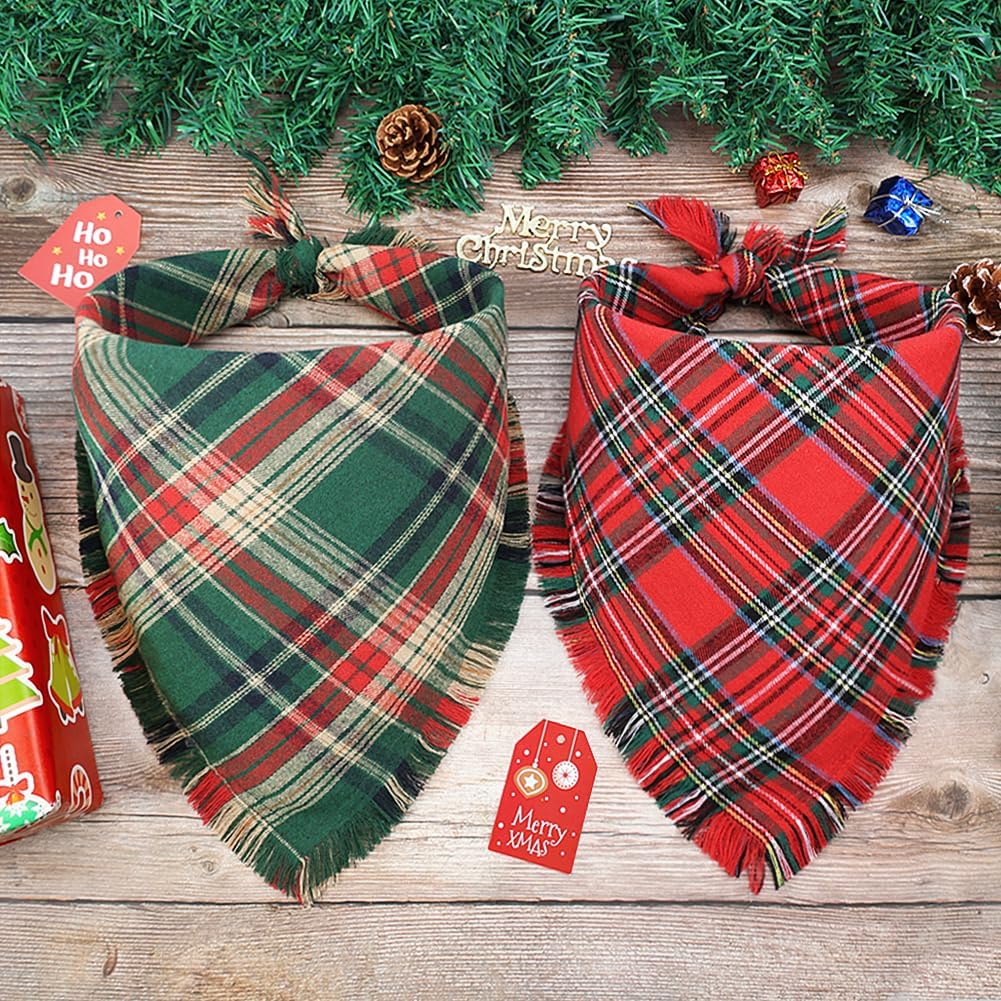 Vivifying Dog Christmas Bandana with Tassels Edges, 2 Pack Classic Plaid Triangle Pet Apparel & Accessories, Funny Holiday Dog Scarf Costume for Photo Prop, and Party Decor (X-Large, Red&Green)