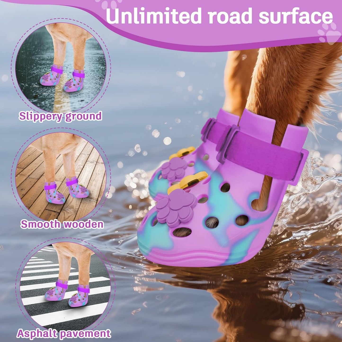 Dog Shoes for Hot Pavement, Adjustable Magic Tape Boots for Small, Medium & Large Dogs, Anti-Slip, Easy to Clean Paw Protectors for Beach, Outdoor & Hot Weather (Purple M)