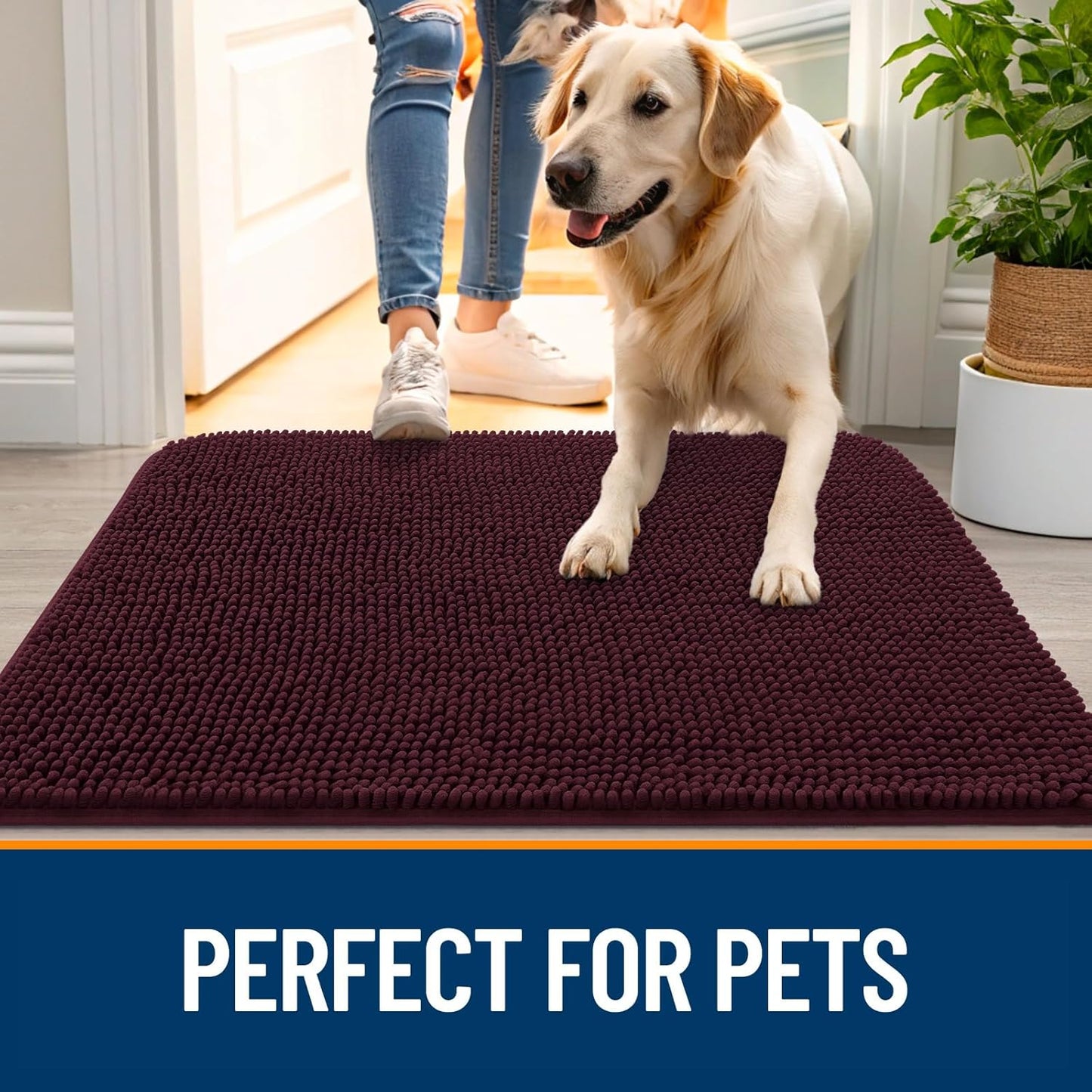 OLANLY Dog Door Mat for Muddy Paws 44x24, Absorbs Moisture and Dirt, Absorbent Non-Slip Washable Doormat, Quick Dry Chenille Mud Mat for Dogs, Entry Indoor Entryway Carpet for Inside Floor, Russet