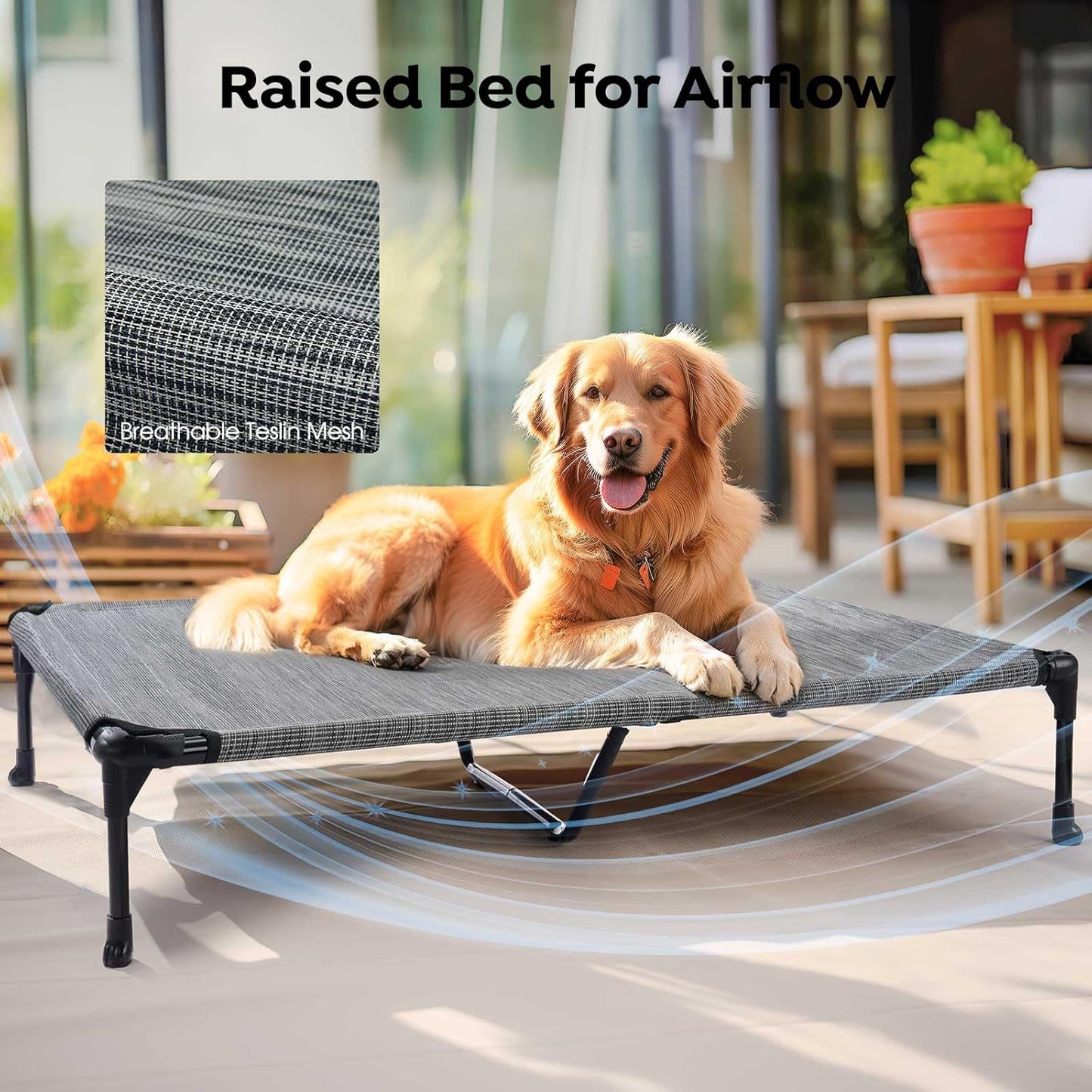 Veehoo Cooling Elevated Dog Bed Add Removable Waterproof Bolster Cushion Mat, Raised Pet Cot with Breathable Teslin Mesh, No-Slip Feet, Dog Sofa Bed for Indoor Outdoor, XLarge, Black Silver
