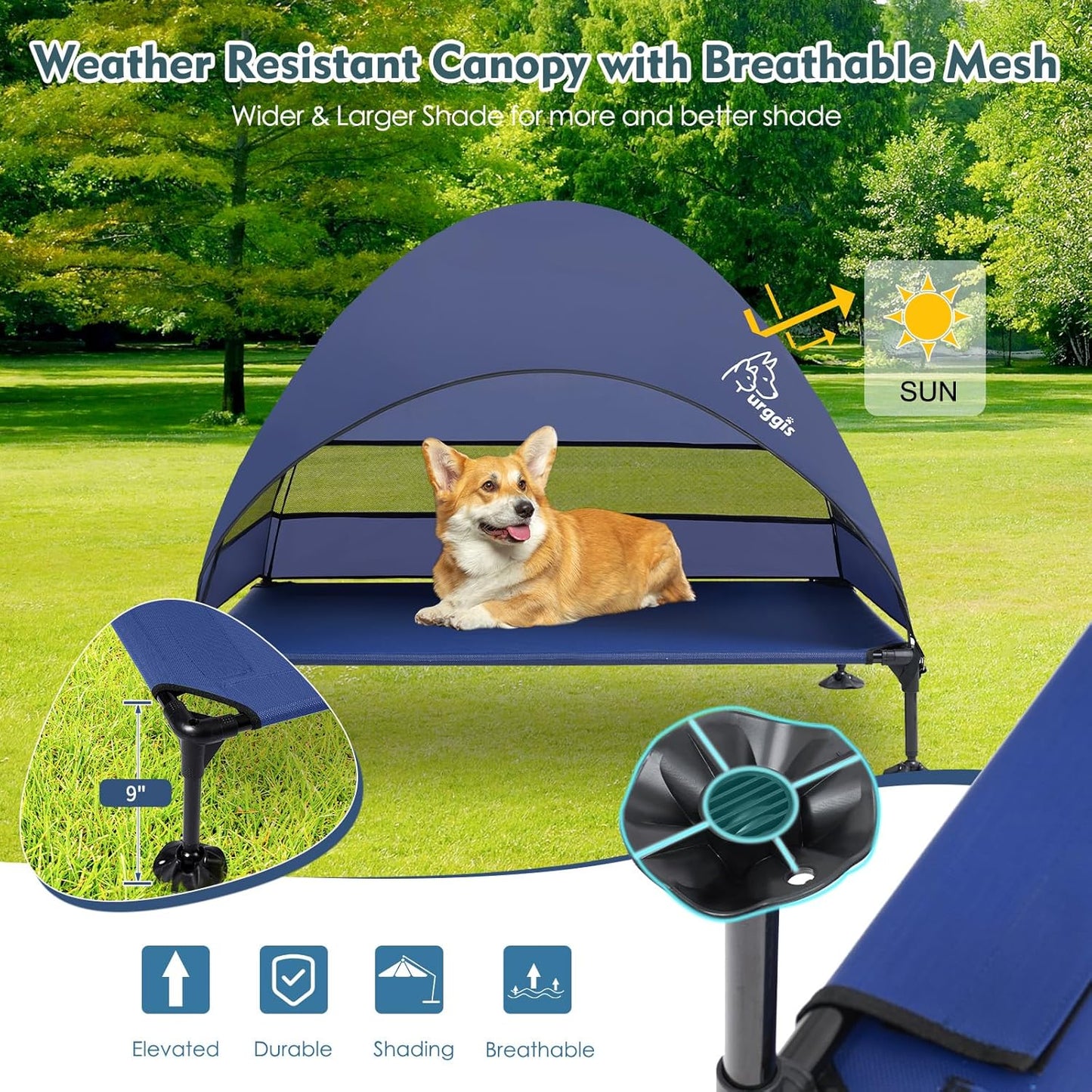 Upgraded Elevated Dog Bed with Canopy, Portable Raised Outdoor Dog Bed with Stable Anti-Slip Feet, Wider Shade Pet Bed Cot, Raised Dog Beds for Large Dogs Camping, Indoor & Outdoor Use