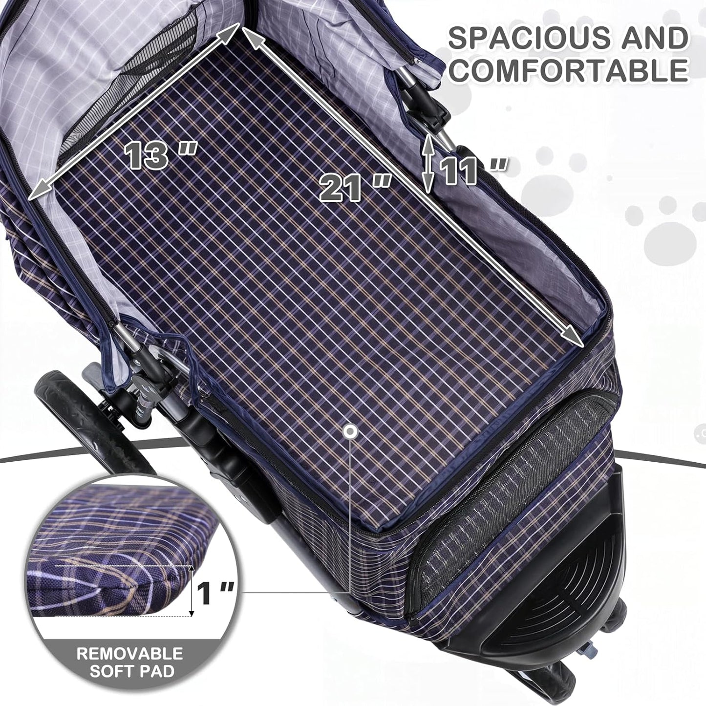 MoNiBloom 3 Wheels Pet Dog Cat Stroller for Small Medium Dogs Cats, Lightweight Foldable Jogger Stroller w/Storage Basket and Cup Holder, Plaid