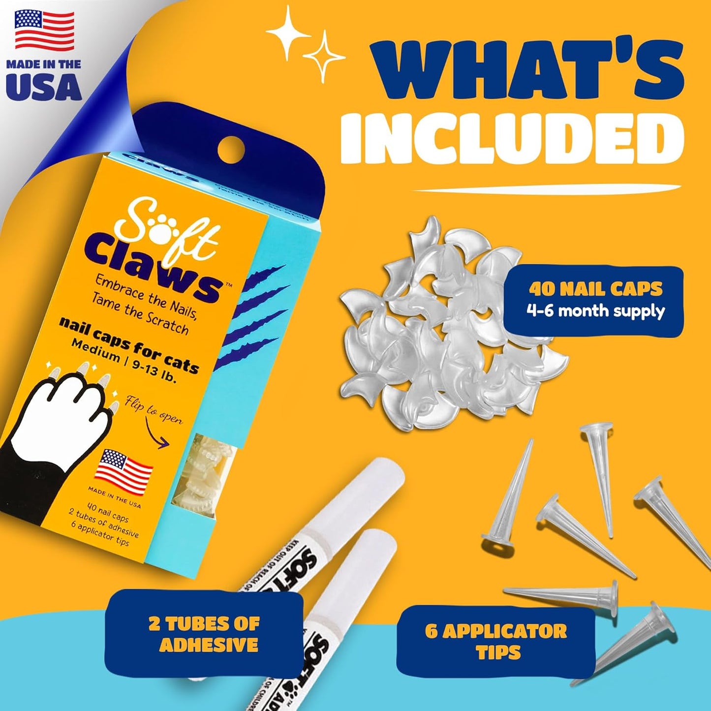 Soft Claws Cat Nail Caps for Medium Cats – (40 Caps, Blue & Gold) - Made in USA - Veterinarian-Developed | Protects Furniture & Skin - Easy to Apply, Long-Lasting Anti-Scratch Soft Cat Claw Covers