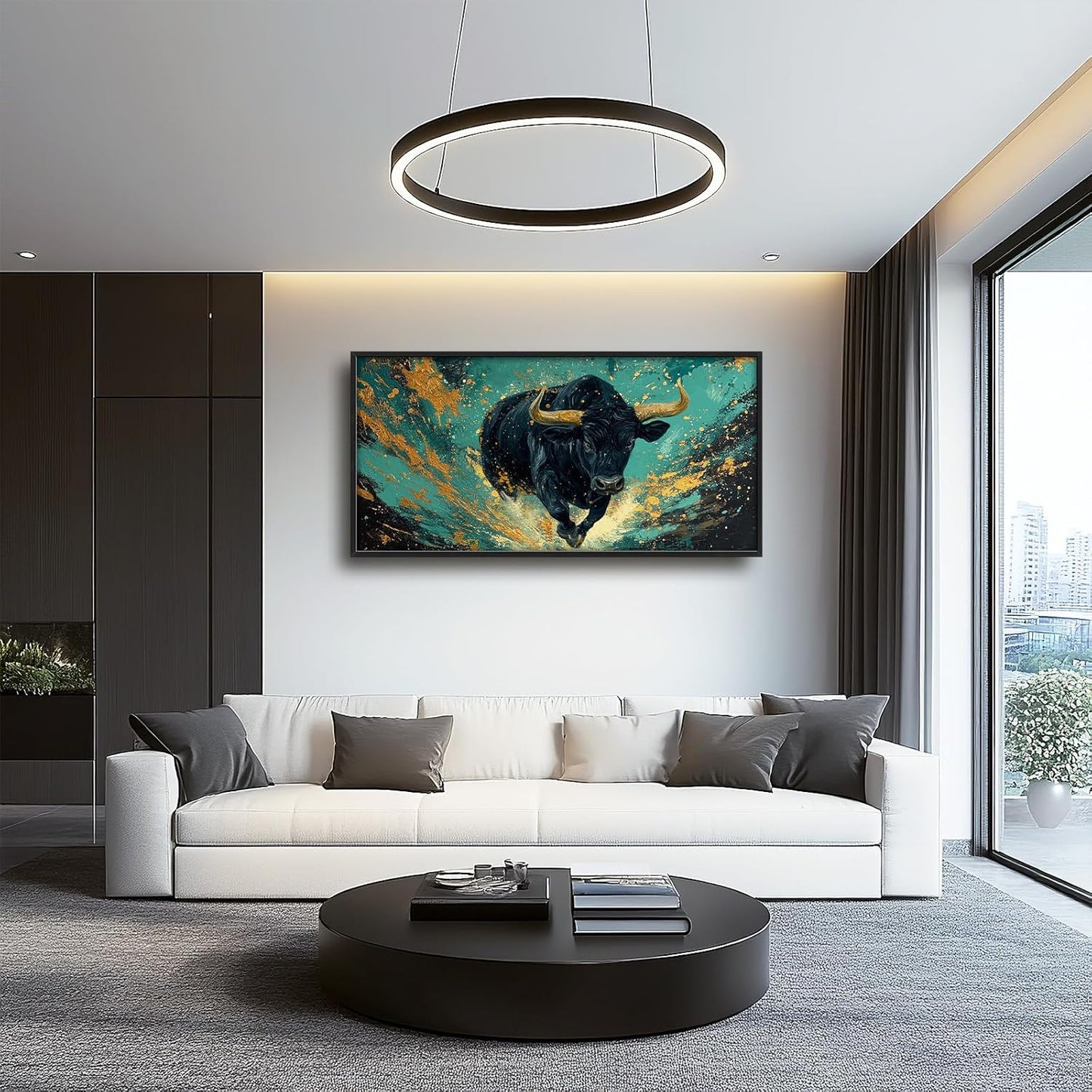 Large Bison Buffalo Wall Art for Living Room, Framed Oversized Bull Wall Decor, Abstract Teal and Golden Canvas Painting Modern Artwork for Living Room Bedroom Office Dining Room 60"x30"