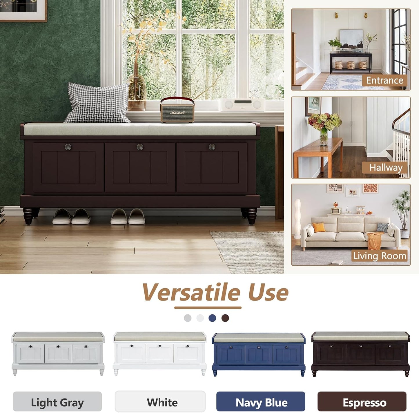 Classic Shoe Storage Bench with Cushion and Three Drawers, Fluted Entryway Bench with Storage for Entryway, Living Room, Hallways 44.0" L x 15.9" W x 18.9" H Espresso