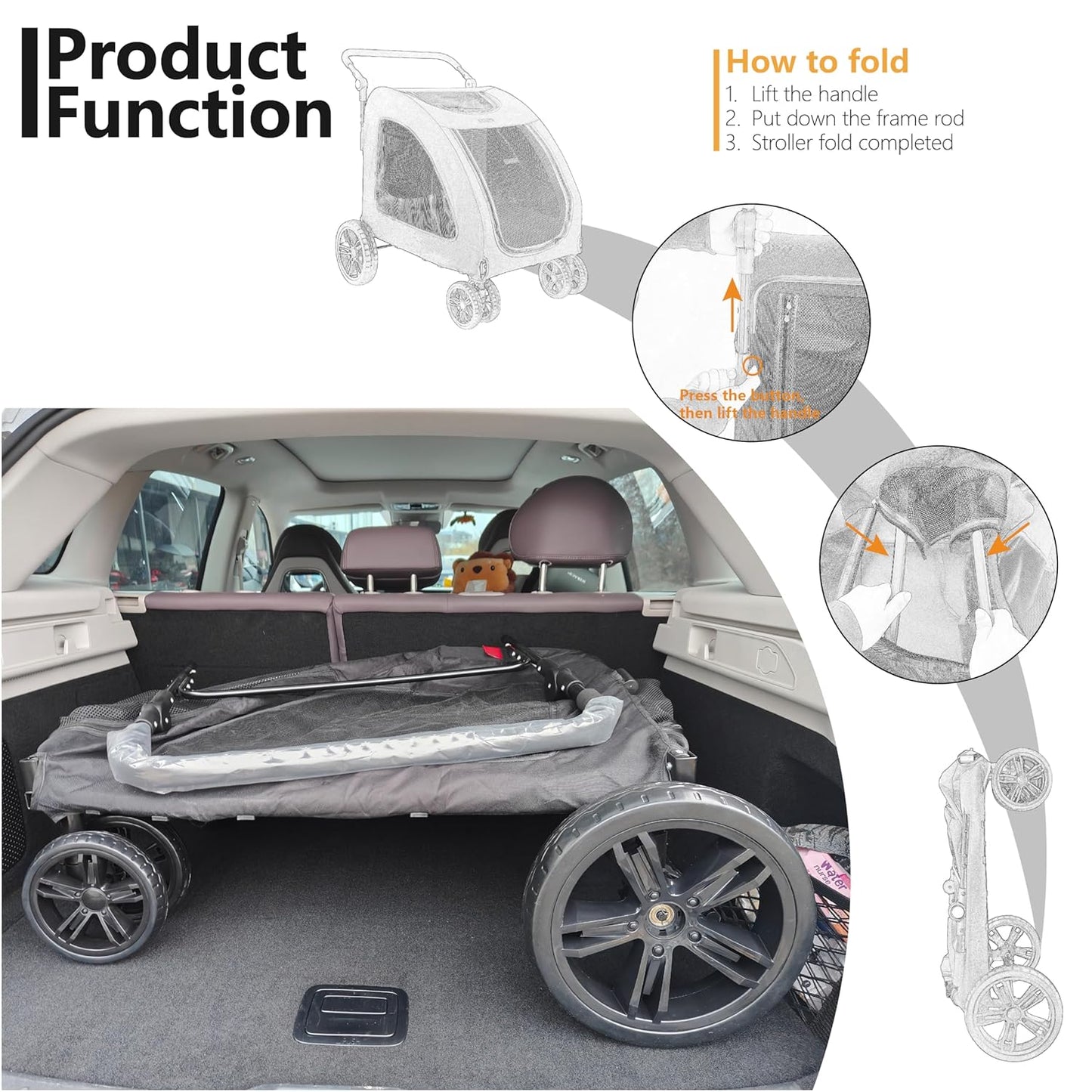 Extra Large Dog Stroller for Medium & Large Pets - Foldable Design, Adjustable Handle, Up to 130 lbs(Black)