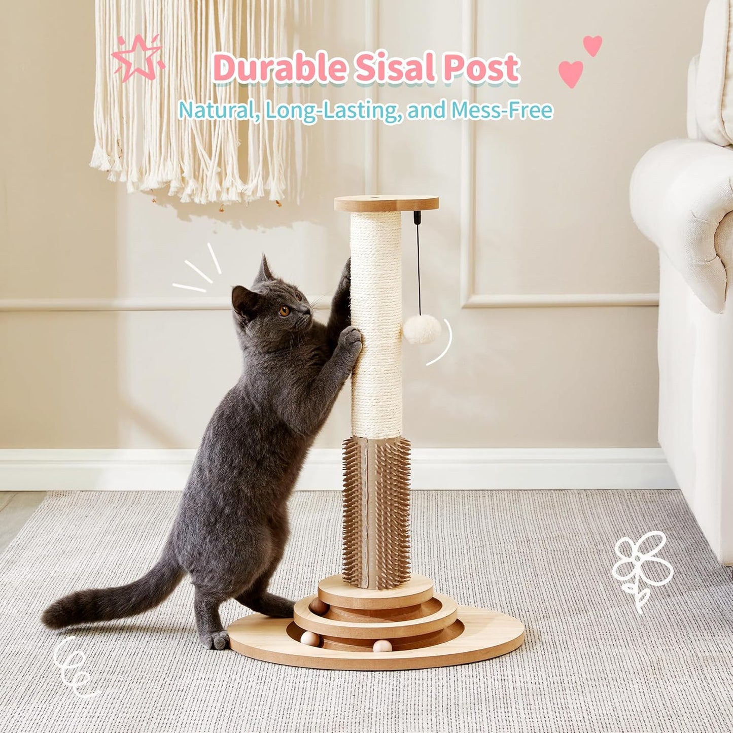 Made4Pets Cat Scratching Post, 23" Tall Sisal Cat Scratcher Post with Self Groomer, 4-in-1 Interactive Trackball Toys with Hair Brush, Vertical Cat Climbing Tree with Dangling Plush Balls
