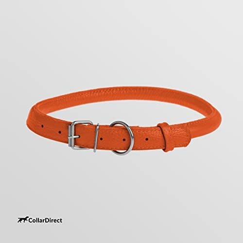 CollarDirect Rolled Leather Dog Collar, Soft Padded Round Puppy Collar, Handmade Genuine Leather Collar Dog Small Large Cat Collars 13 Colors (13-16 Inch, Orange Textured)