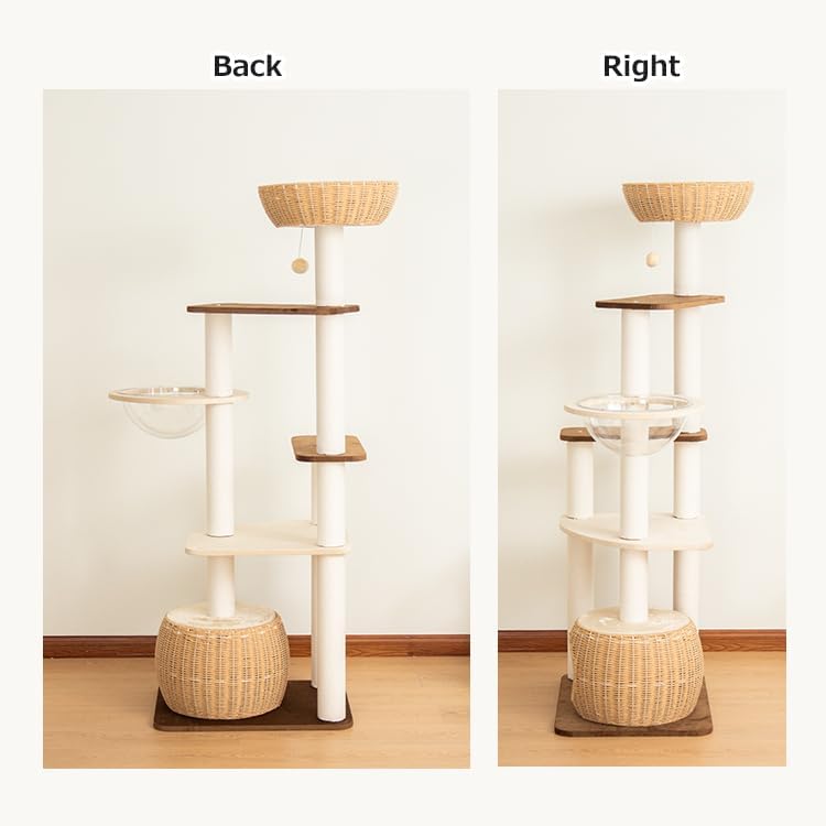 Wooden Cat Tower for Large Cats, 63’‘ Modern Multi-Level Condo with Natural Wood, Indoor Cat Furniture for Medium and Big Pets (White 81007DD)