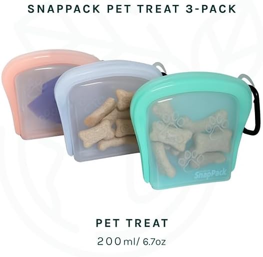 MODERN-X SnapPack Dog Treat Bag, 3-Pack Reusable Silicone Bags, Dog Treat Pouches, for Cats, Dish Washer Safe, Leakproof, Microwave & Freezer Safe, BPA-Free, Plastic Free Silicone, Multi-Color Trio