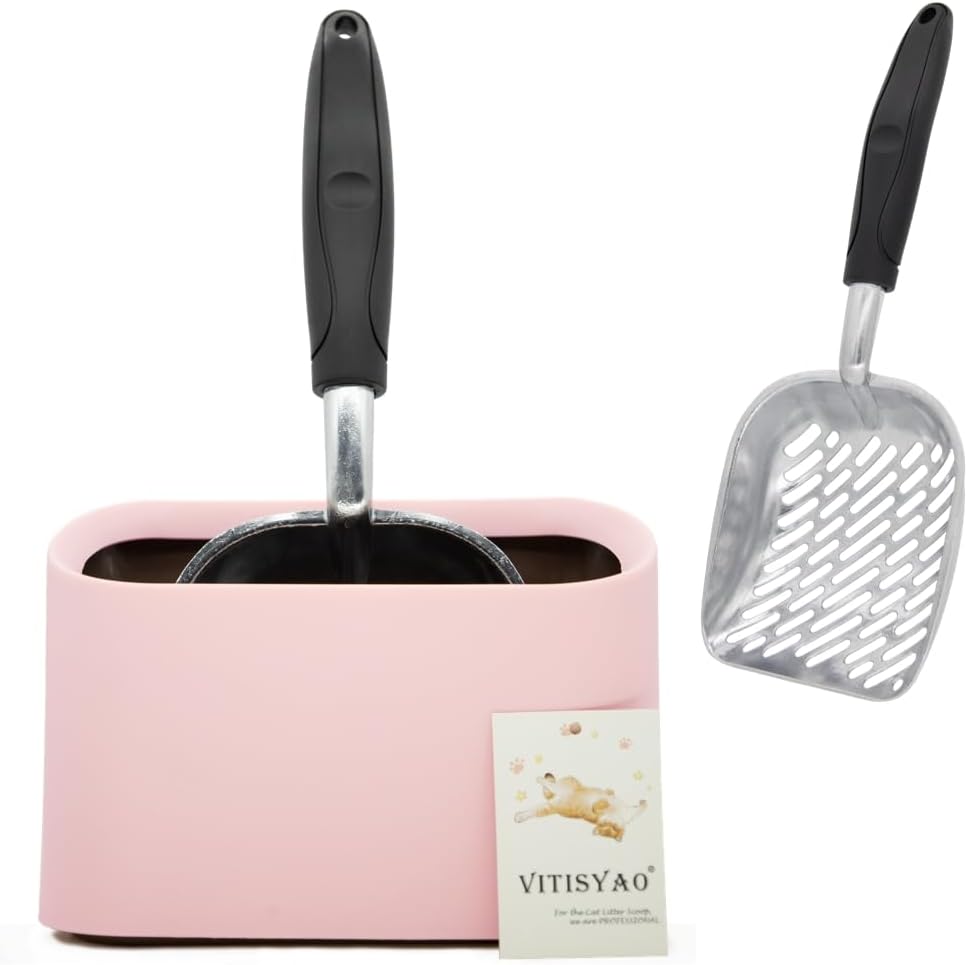 Full Metal Cat Litter Scoop with Holder – Heavy Duty Litter Scooper & Speed Sifter – Aluminum Cat Poop Scooper Captures All Clumps – Washable Stand for Easy Cleaning