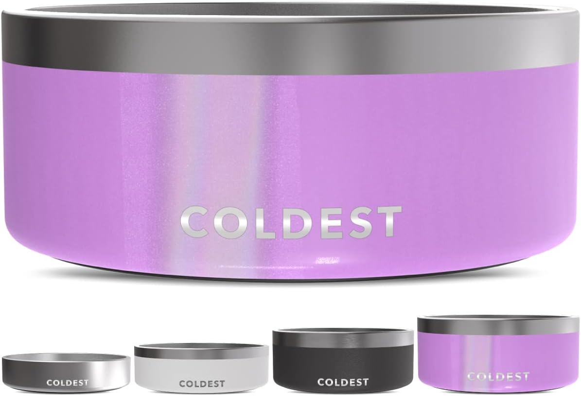 Coldest Dog Bowl - Anti Rust Metal, Non Slip, 3 Layers Insulated Stainless Steel Dog Bowls - Spill Proof & Heavy Duty - Water Bowl for Dogs, Cats, Dish Washer Safe (100 oz, Saturns Purple Glitter)
