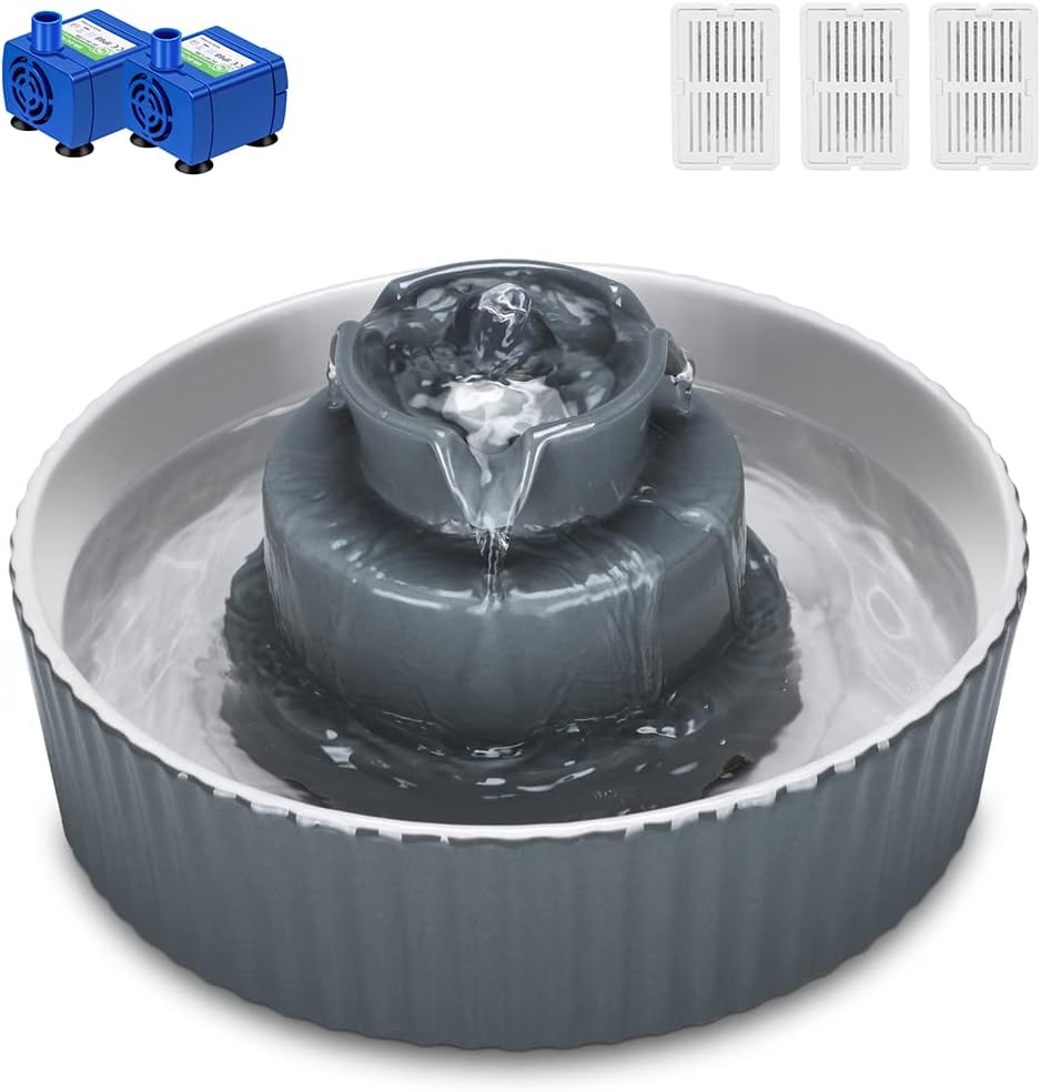 Ceramic Cat Water Fountain, 2.1L/71oz Cupcake Pet Water Fountain for Dog and Cat Indoor, 2 Ultra Quiet Pumps & 3 Carbon Filters