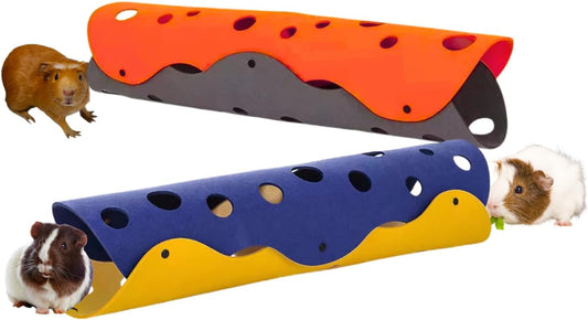 Guinea Pig Tunnels, Foldable Fleece Hideout Beds with Cheese-Hole Design, 2 Pack Modular Tunnel Set for Play and Rest, Brings Comfort and Enrichment to Guinea Pig Cages-Blue&Grey