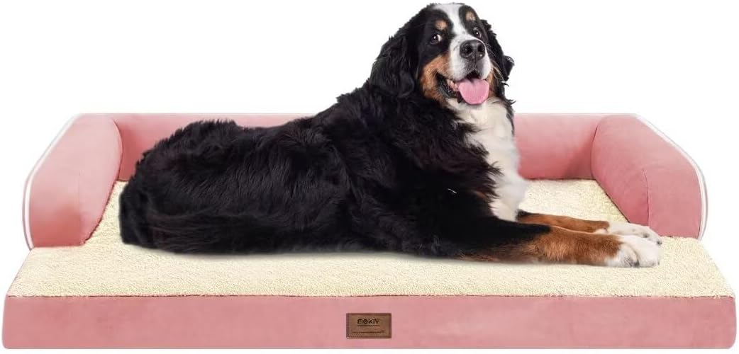 Orthopedic Washable Large Dog Bed, Pink Dog Beds with Removable Cover, Large XXXL Pet Dogs with Bolster, Washable Dogs Beds Sofa with Orthopedic Egg Foam for Medium Large Pet