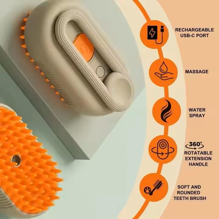 3-in-1 Steam Pet Brush for Cats & Dogs – Self-Cleaning Grooming Comb with Spray Mist, Massage & Shedding, Rechargeable USB, Anti-Static, Foldable Handle – White (WHITE)