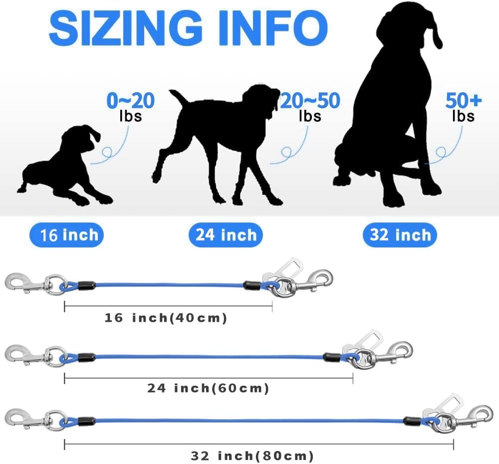 Dog Seat Belt Harness for Car,Dog Seatbelt of Coated Wire Leash Safety Restraint,No Chew Tether Cable Vehicle,Double Clips & Latch(Blue, 32 inch/80 CM)